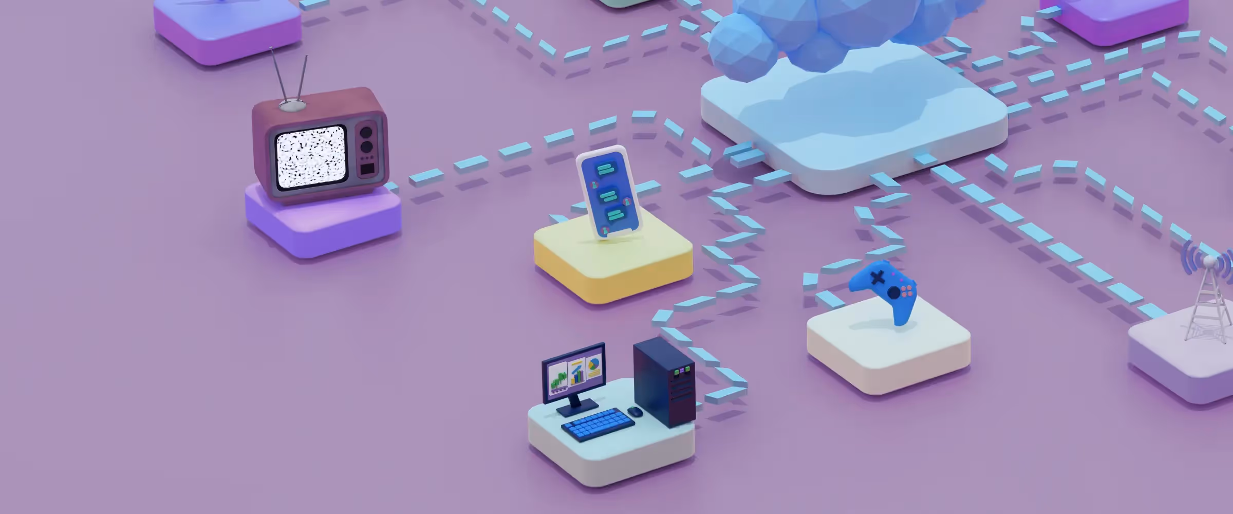 Model-style tiny devices connected by dashed lines to a central cloud.