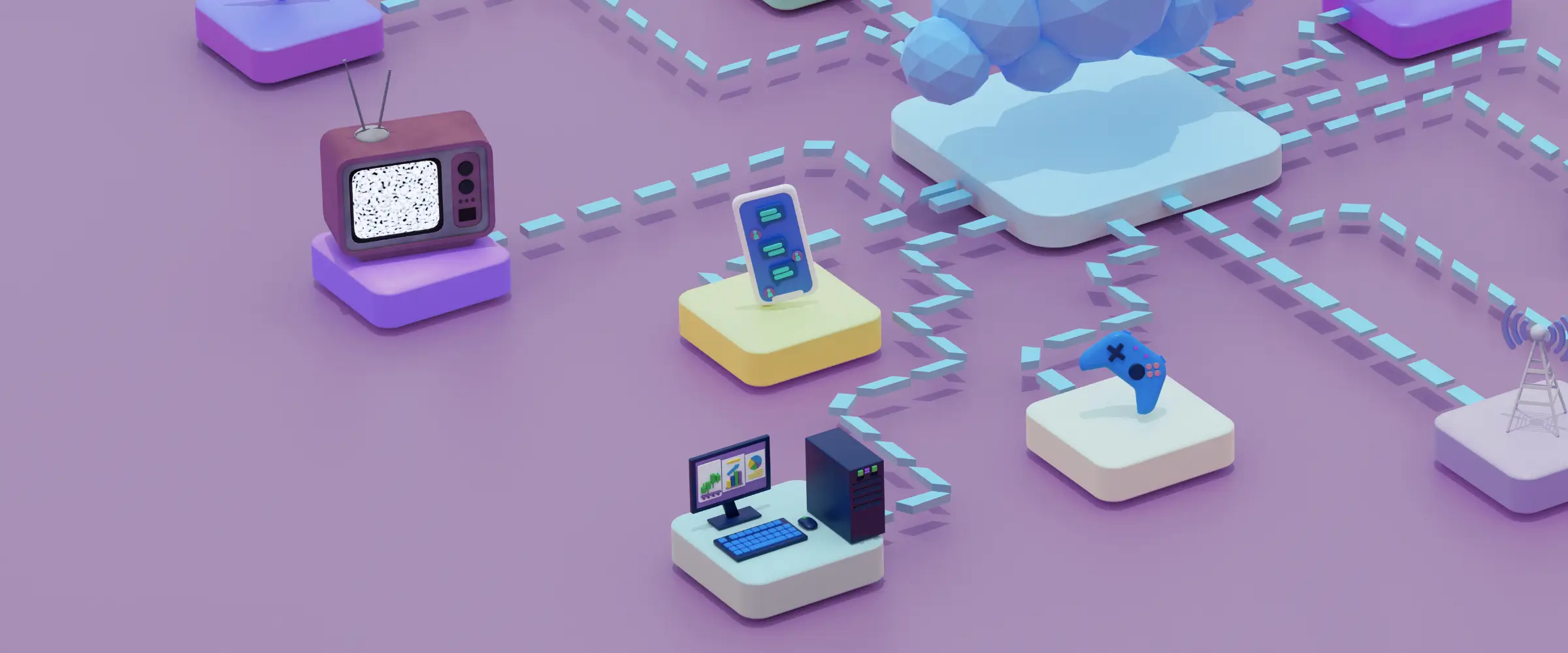 Model-style tiny devices connected by dashed lines to a central cloud.