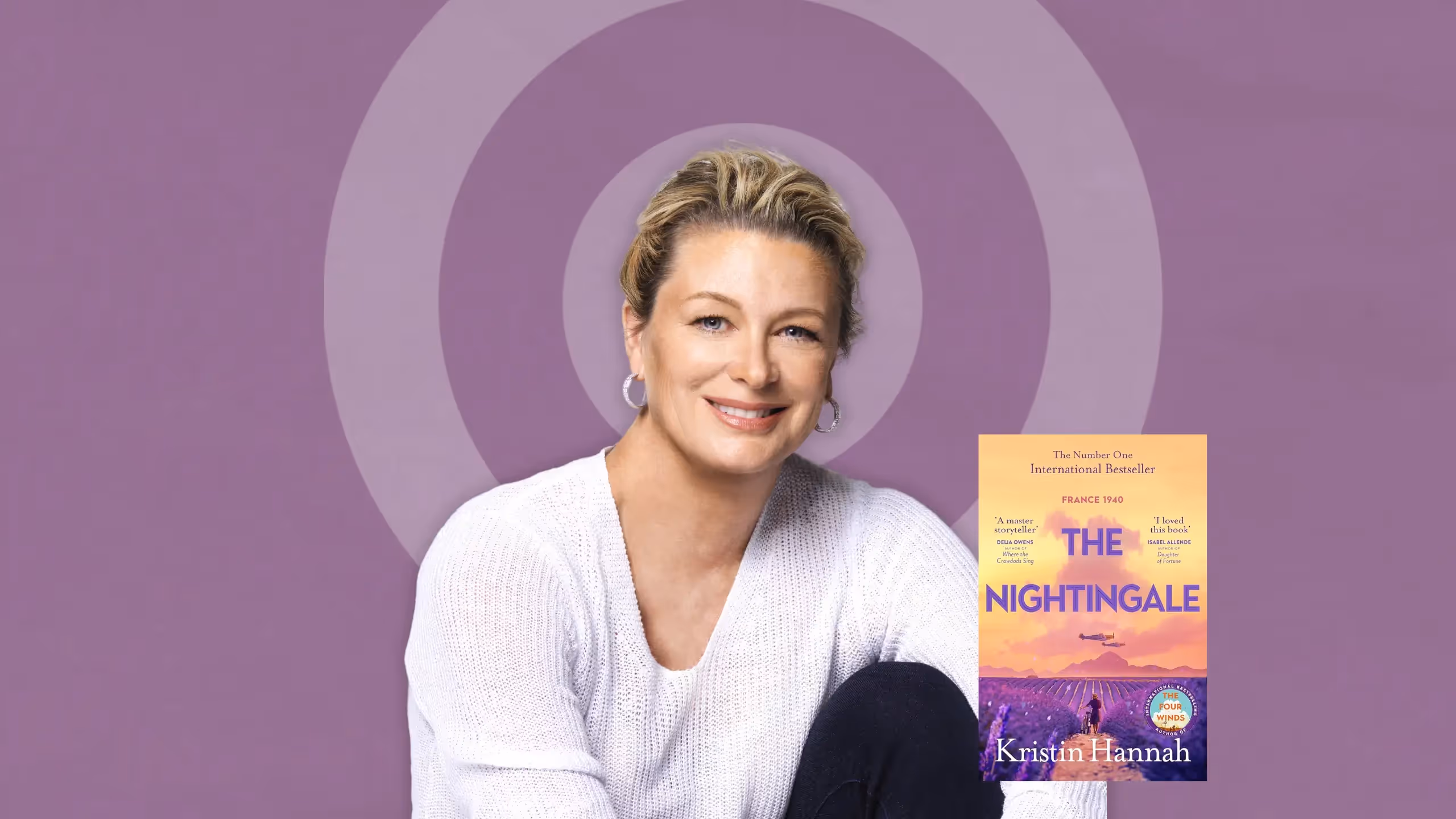 Portrait image of author Kristin Hannah beside the cover of her book The Nightingale, set against a purple background.
