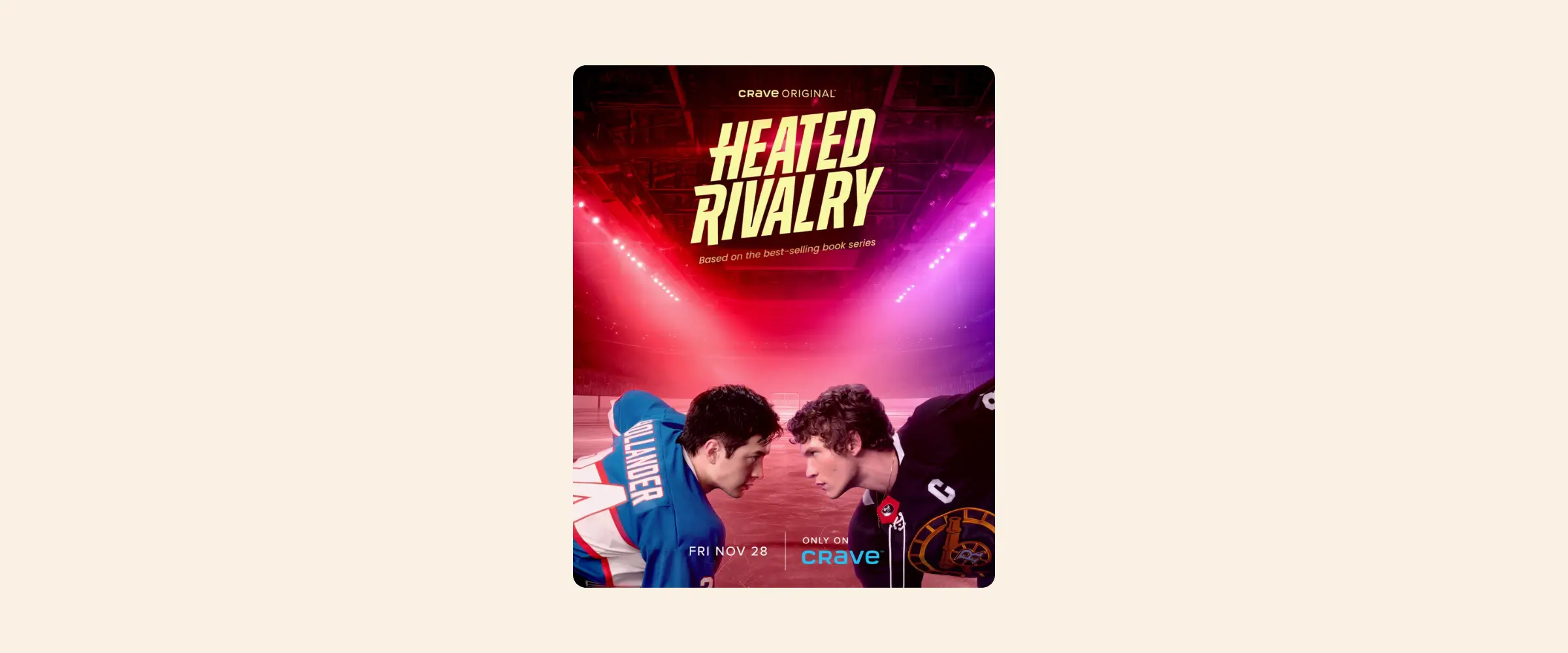 Official promotional image for the TV series Heated Rivalry, depicting two male hockey players facing off against each other.