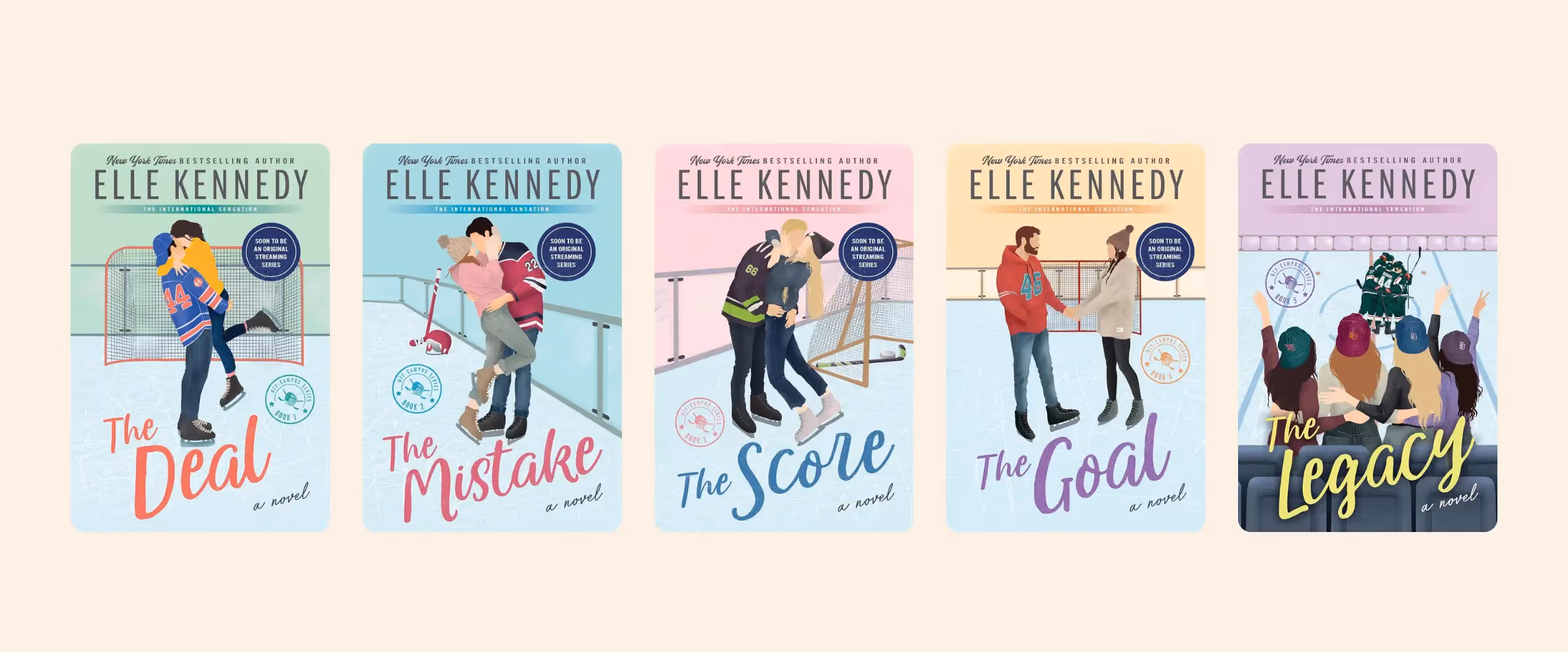 Covers of the five books in the Off Campus series by Elle Kennedy.