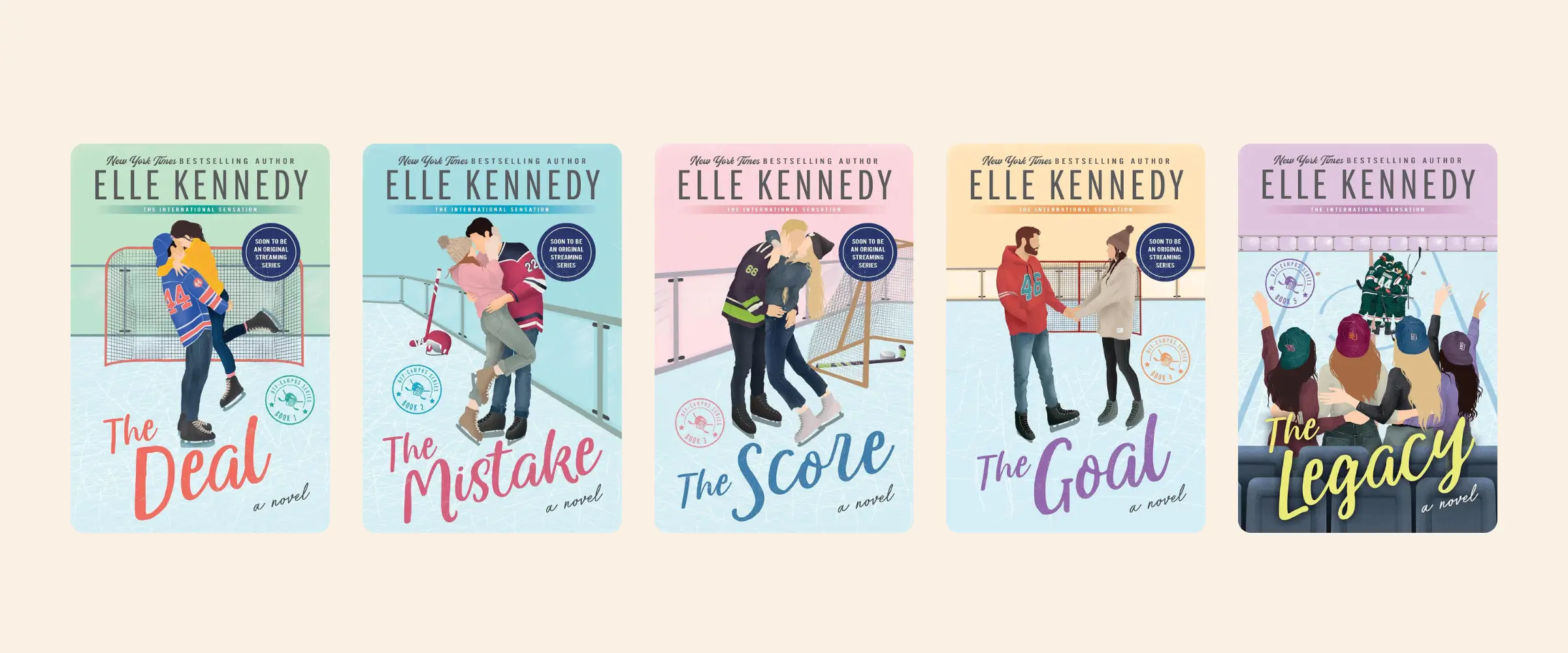 Covers of the five books in the Off Campus series by Elle Kennedy.