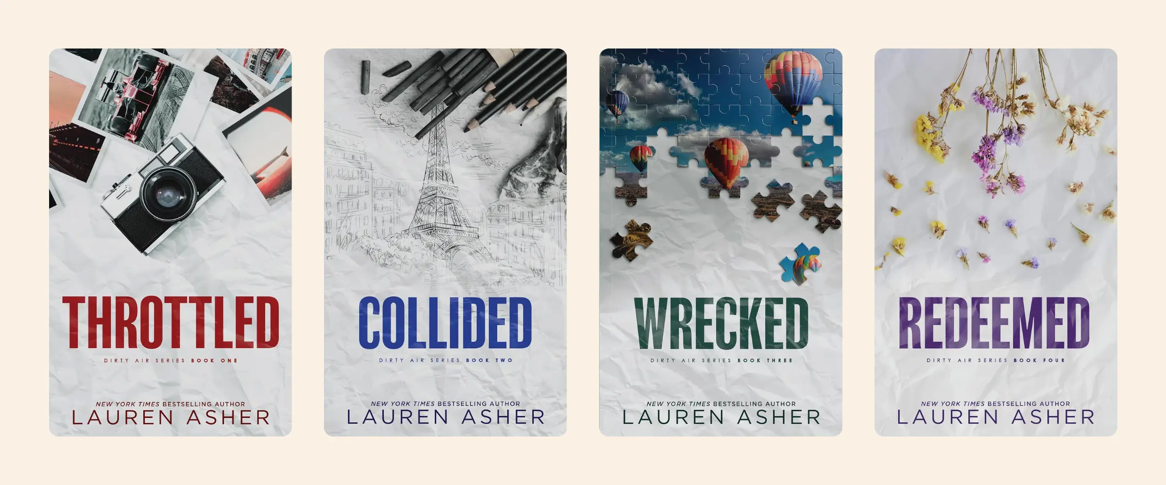 Covers of the books in Lauren Asher's Dirty Air series: Throttled, Collided, Wrecked, and Redeemed.