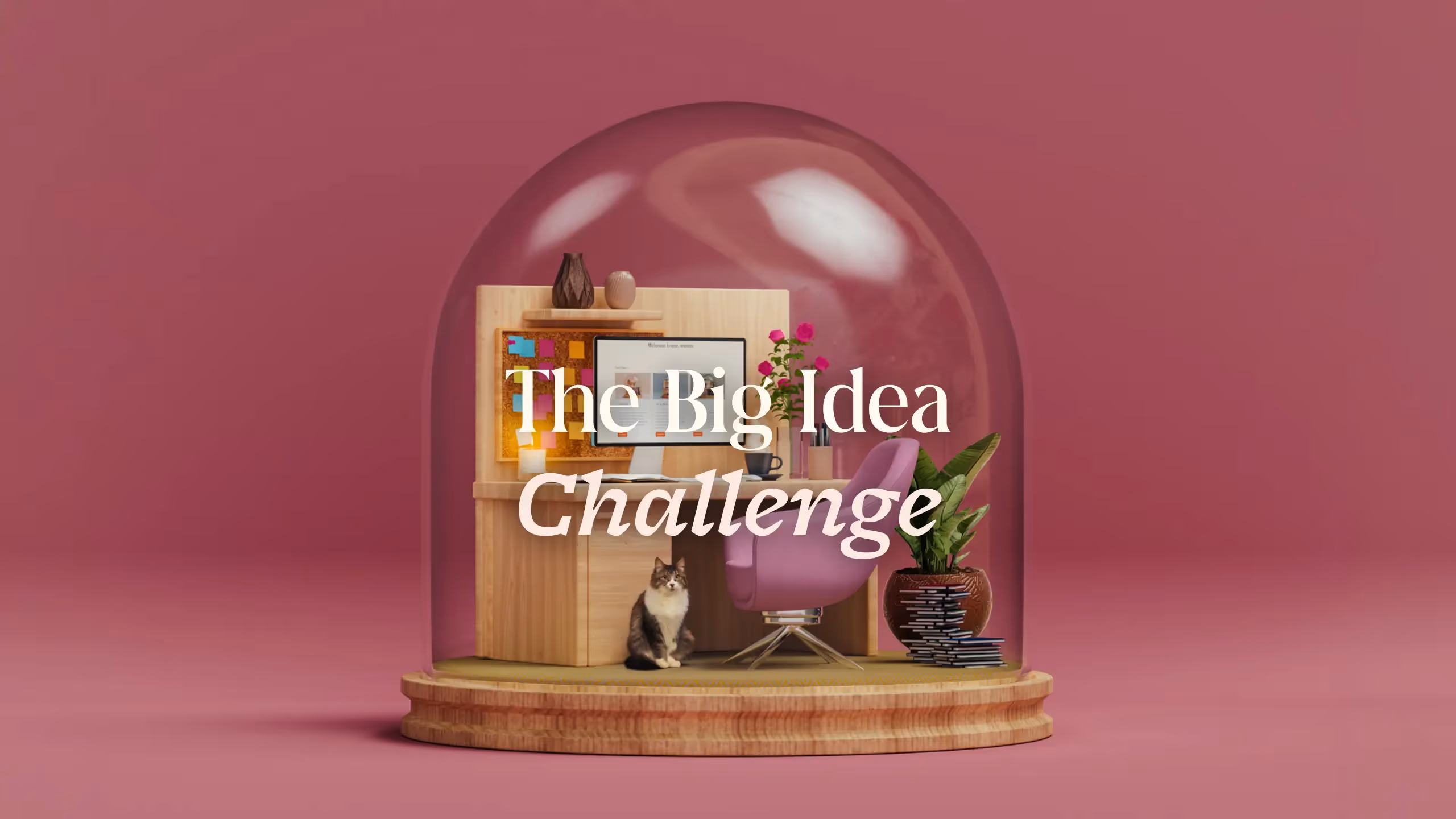 A globe with a writing desk and computer inside, and a cat.