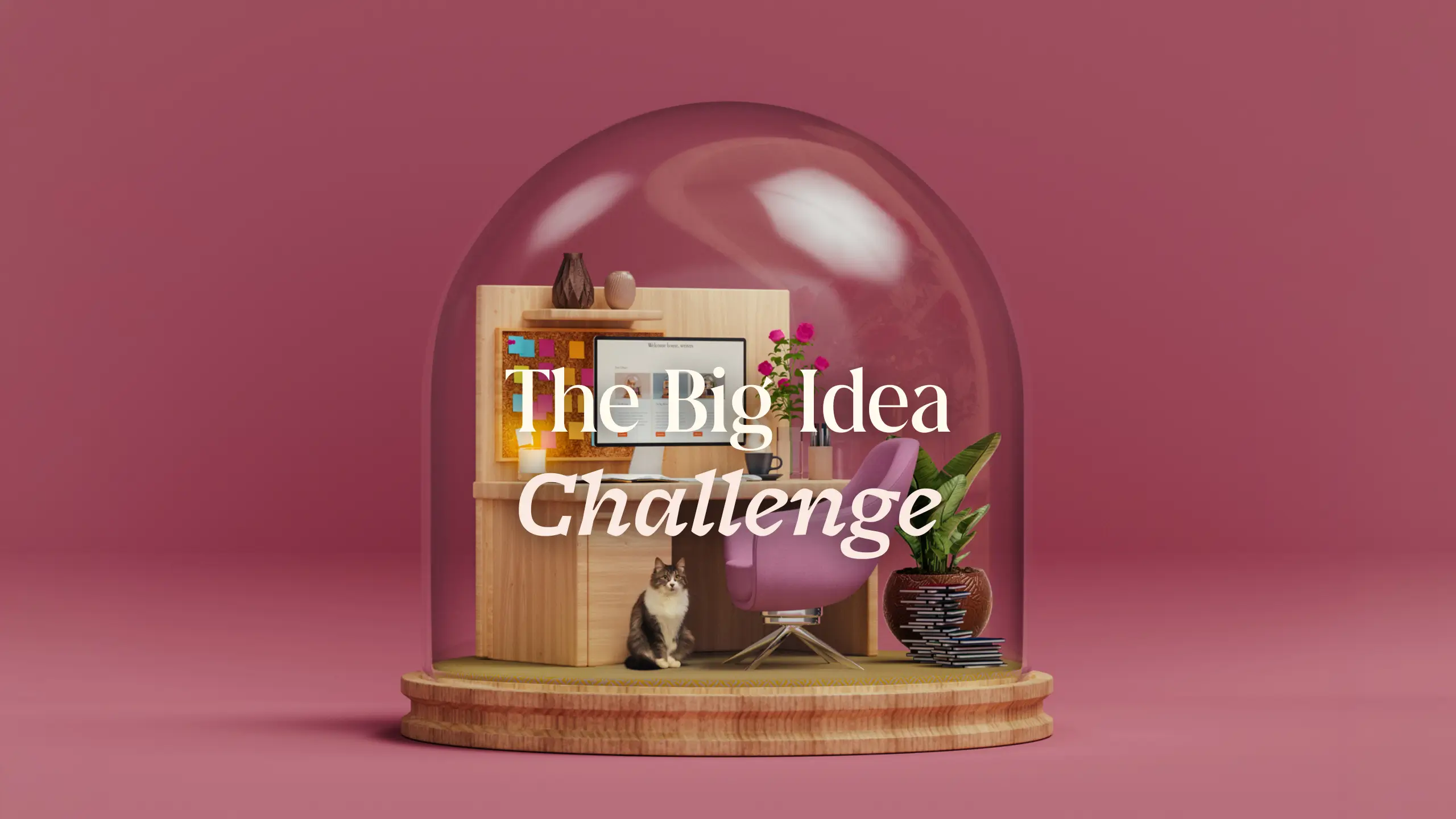 A globe with a writing desk and computer inside, and a cat.