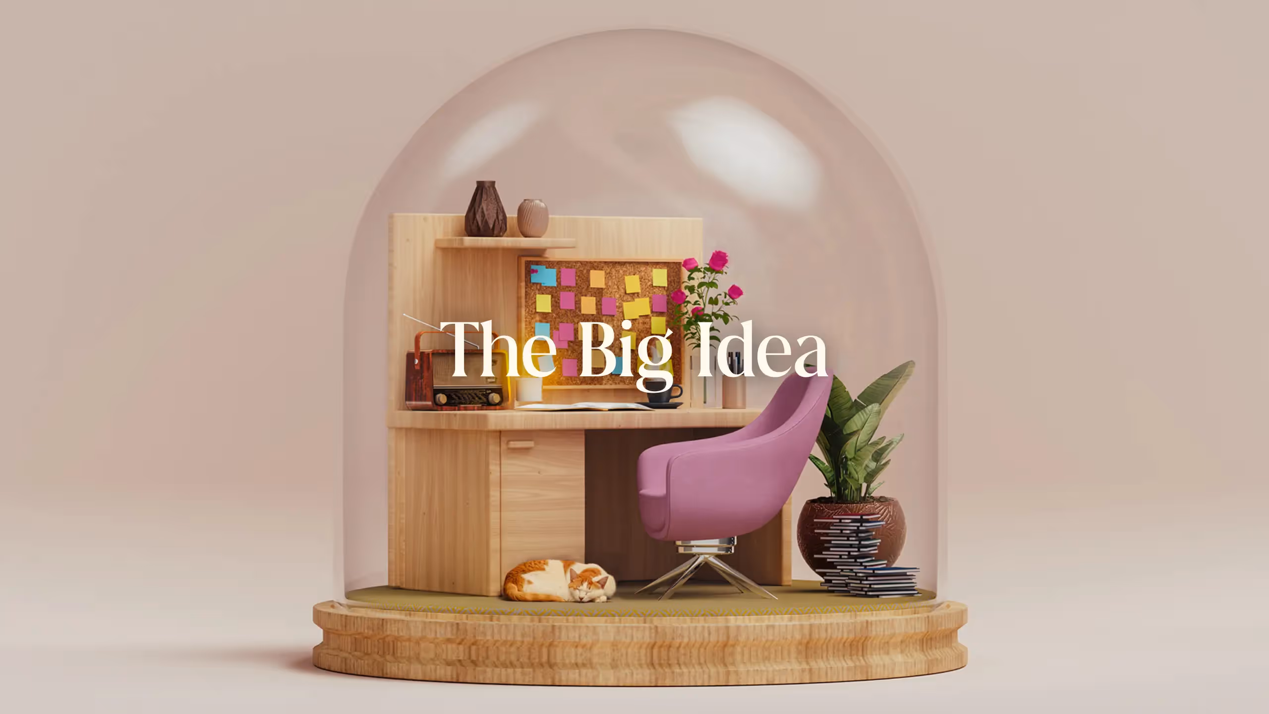 A glass dome, inside of which is a colorful and comfortable desk scene, complete with plants and a sleeping cat.