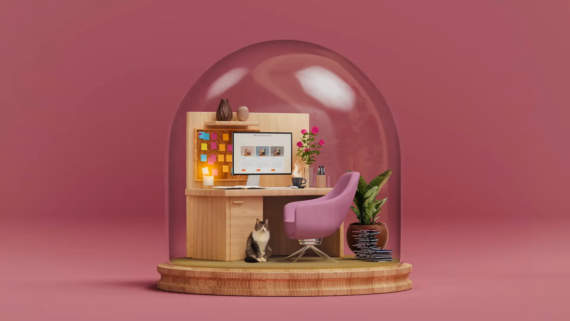 A globe with a writing desk and computer inside, and a cat.