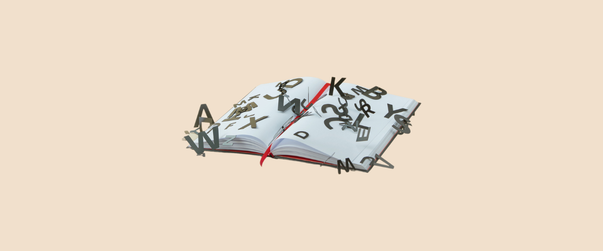 An open book is seen. Many jumbled letters appear to be spilling out of it.