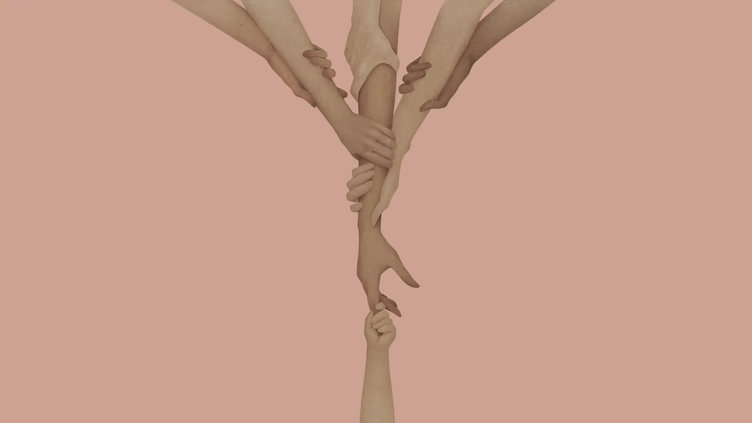 Multiple hands hold one hand against a pink background.