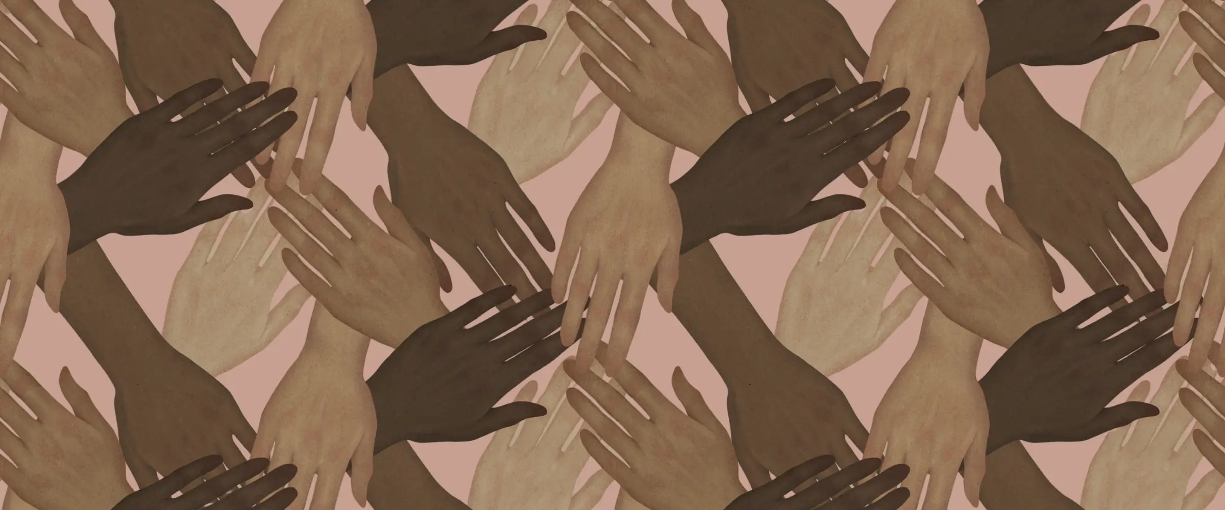 Many hands of different skintones in a repeating pattern against a pink background.