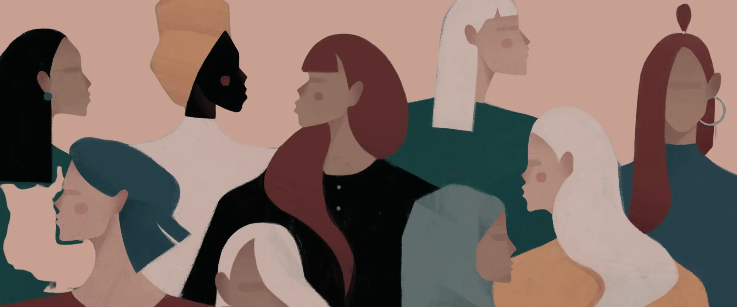 Illustrated female figures stand in a crowd, looking left or right.