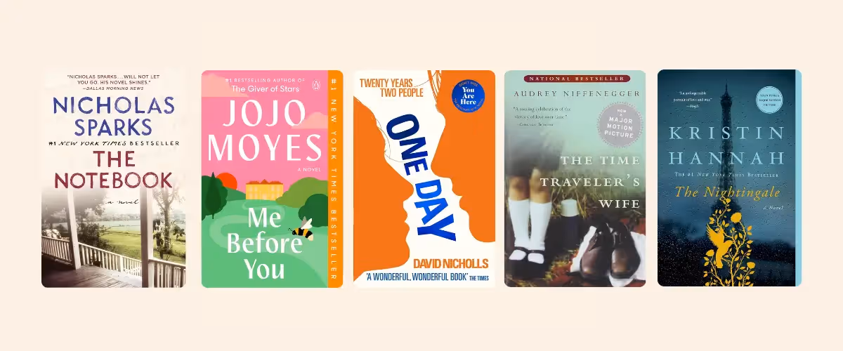 A composite image of 5 books: The Notebook, Me Before You, One Day, The Time Traveler's Wife, and The Nightingale.