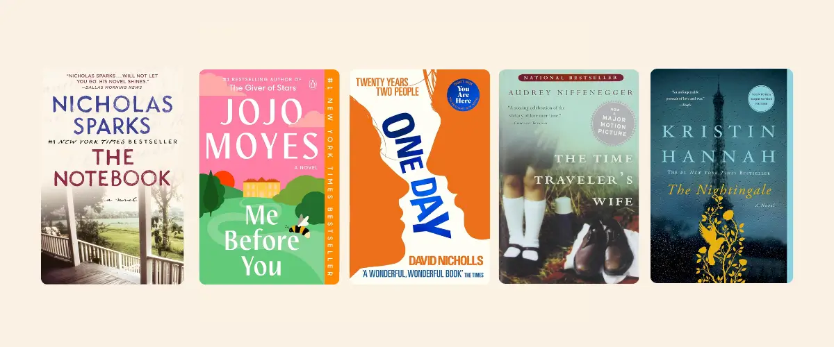 A composite image of 5 books: The Notebook, Me Before You, One Day, The Time Traveler's Wife, and The Nightingale.