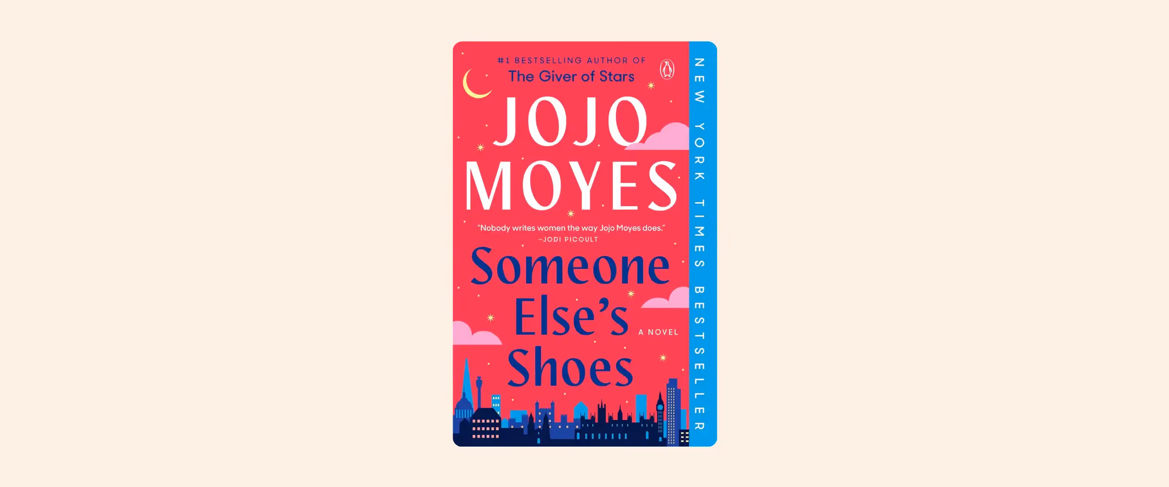 A pink book cover for JoJo Moyes' Someone Else's Shoes.
