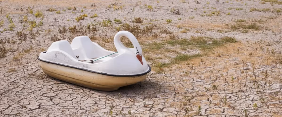 A singular swan boat sits alone on a sandy terrain.