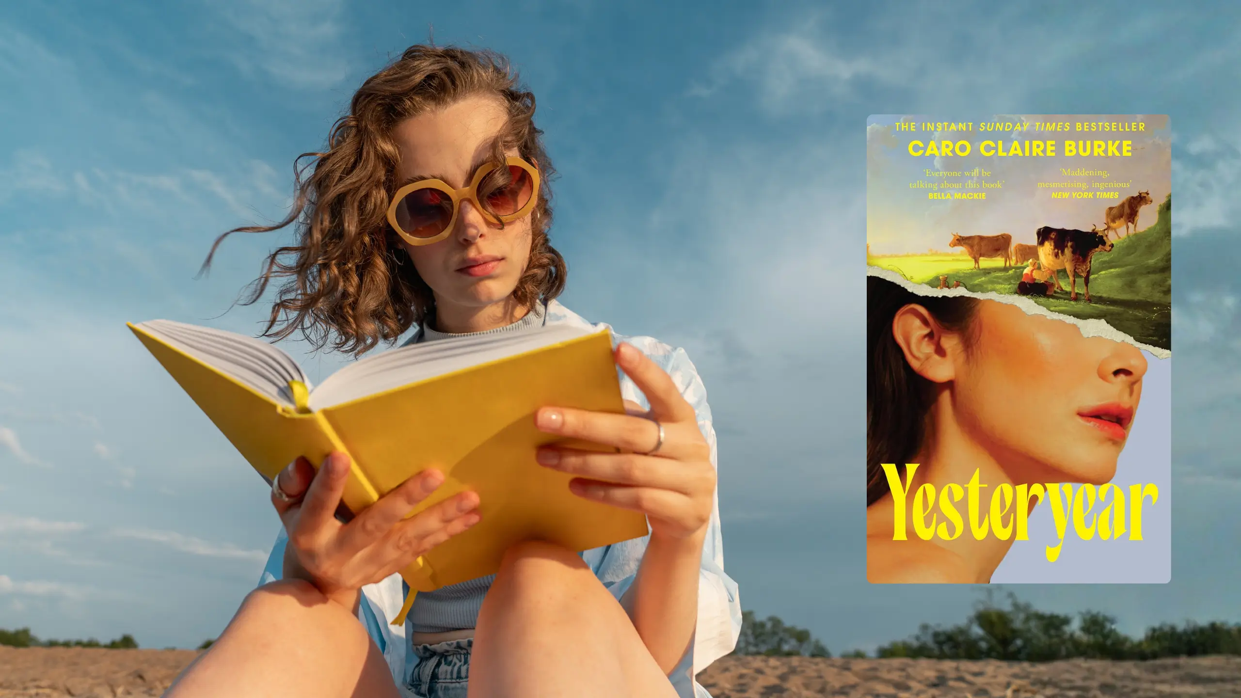 A woman is reading a yellow book on the beach. The book Yesteryear sits on top of the photo.