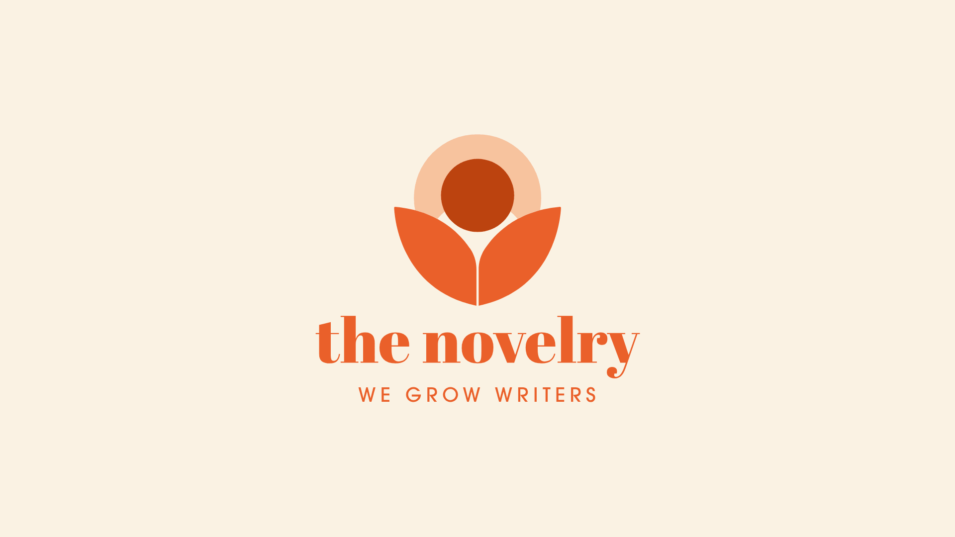 A logo featuring an orange flower bud is seen, with two petals resembling the opening pages of a book.