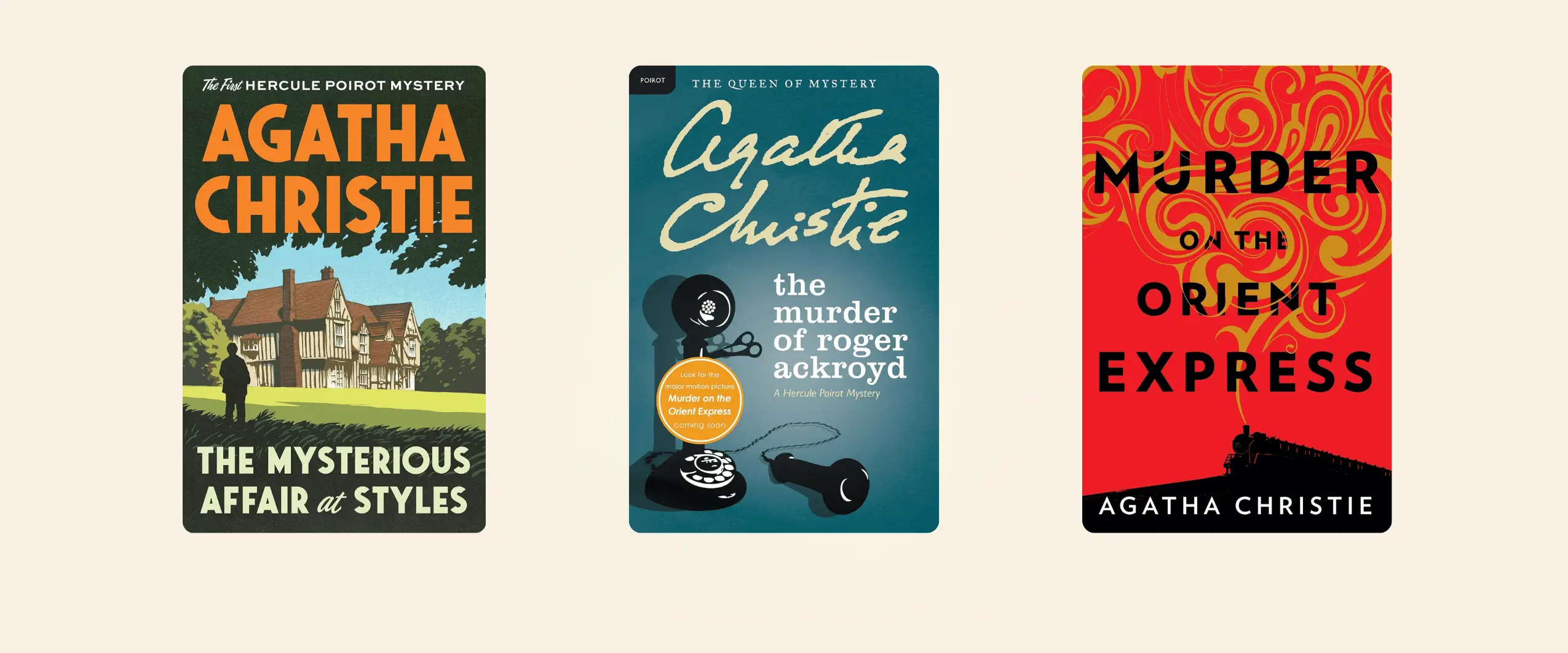 An image of 3 Agatha Christie books: Mysterious Affair at Styles, The Murder of Roger Ackroyd, and The Murder on the Orient Express.