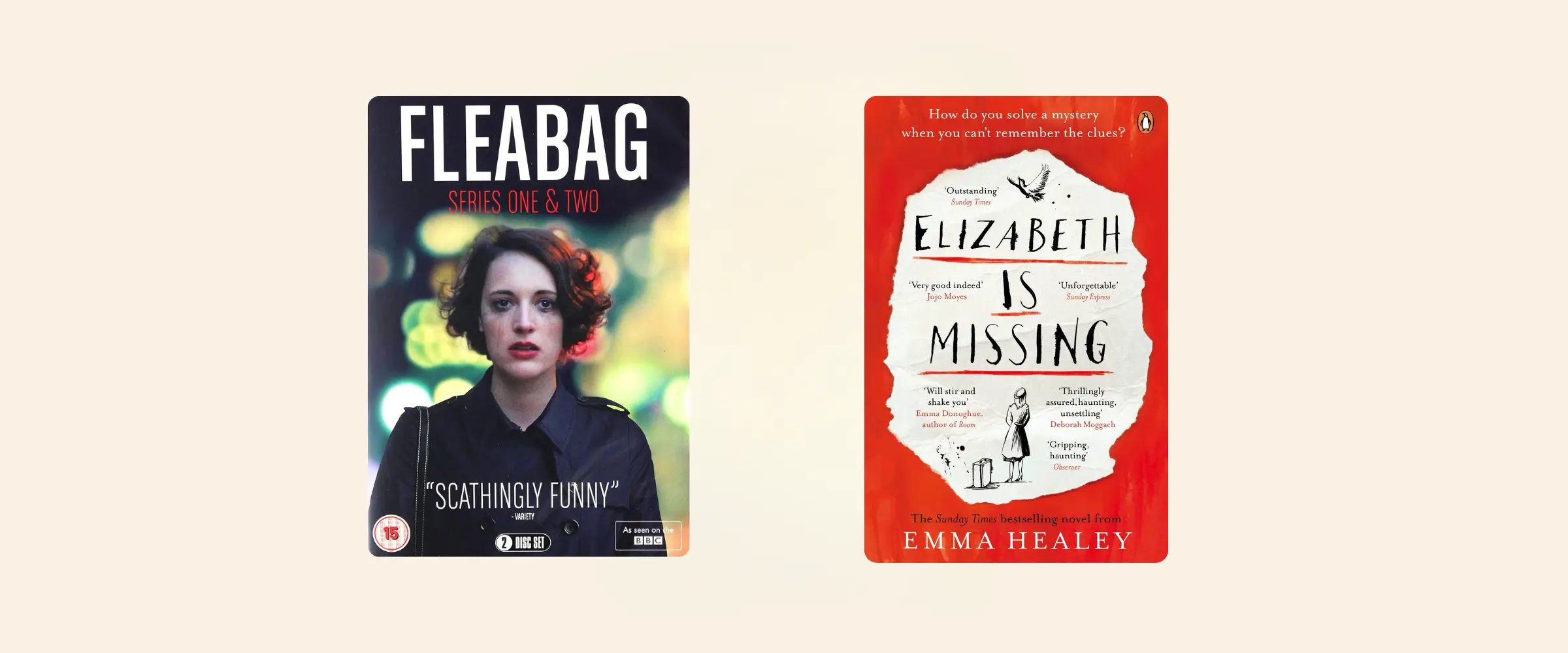 A cover for the tv show Fleabag is seen next to the book cover for Elizabeth is Missing.