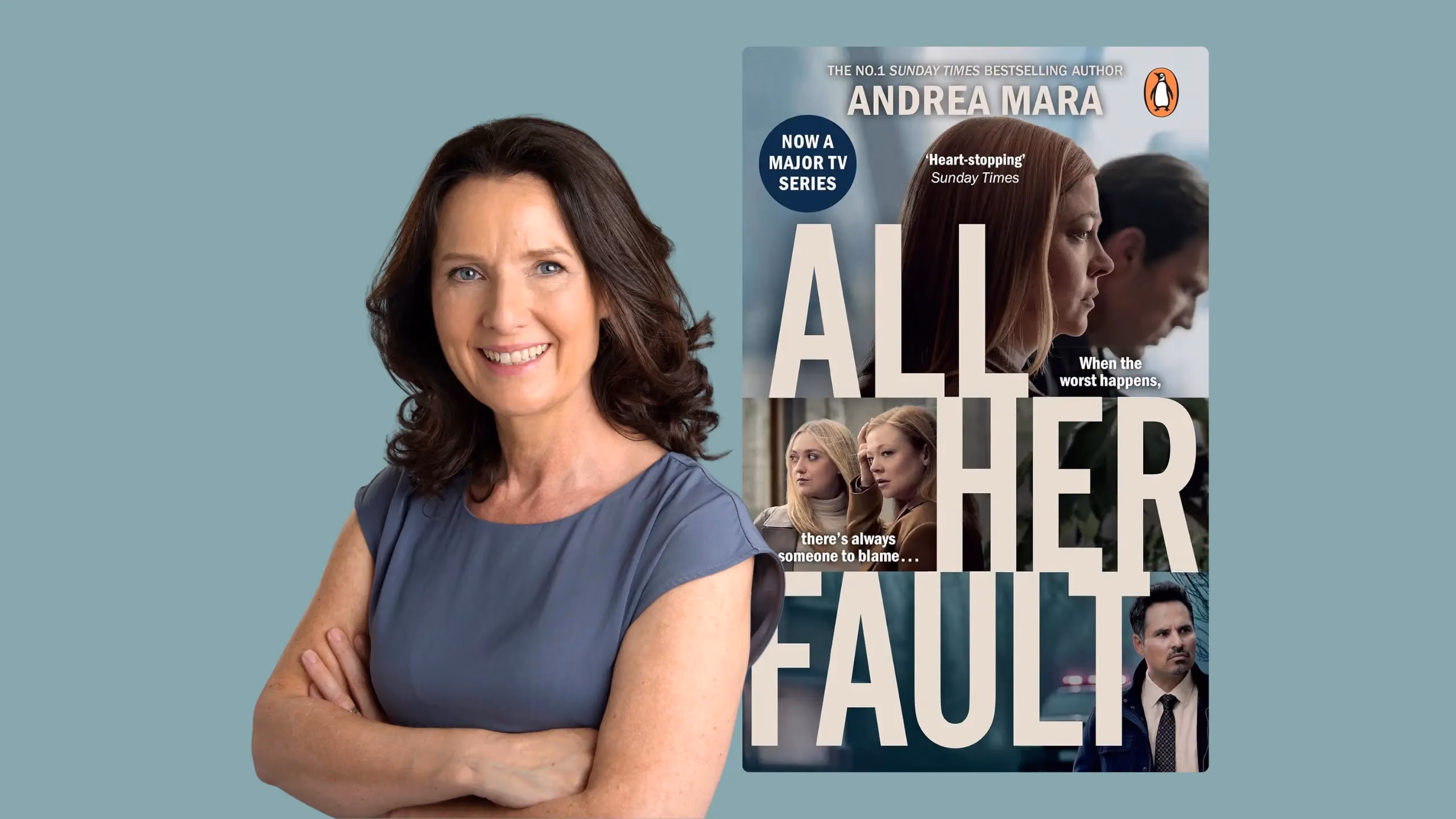 Photo of author Andrea Mara for The Novelry with her book, All Her Fault.