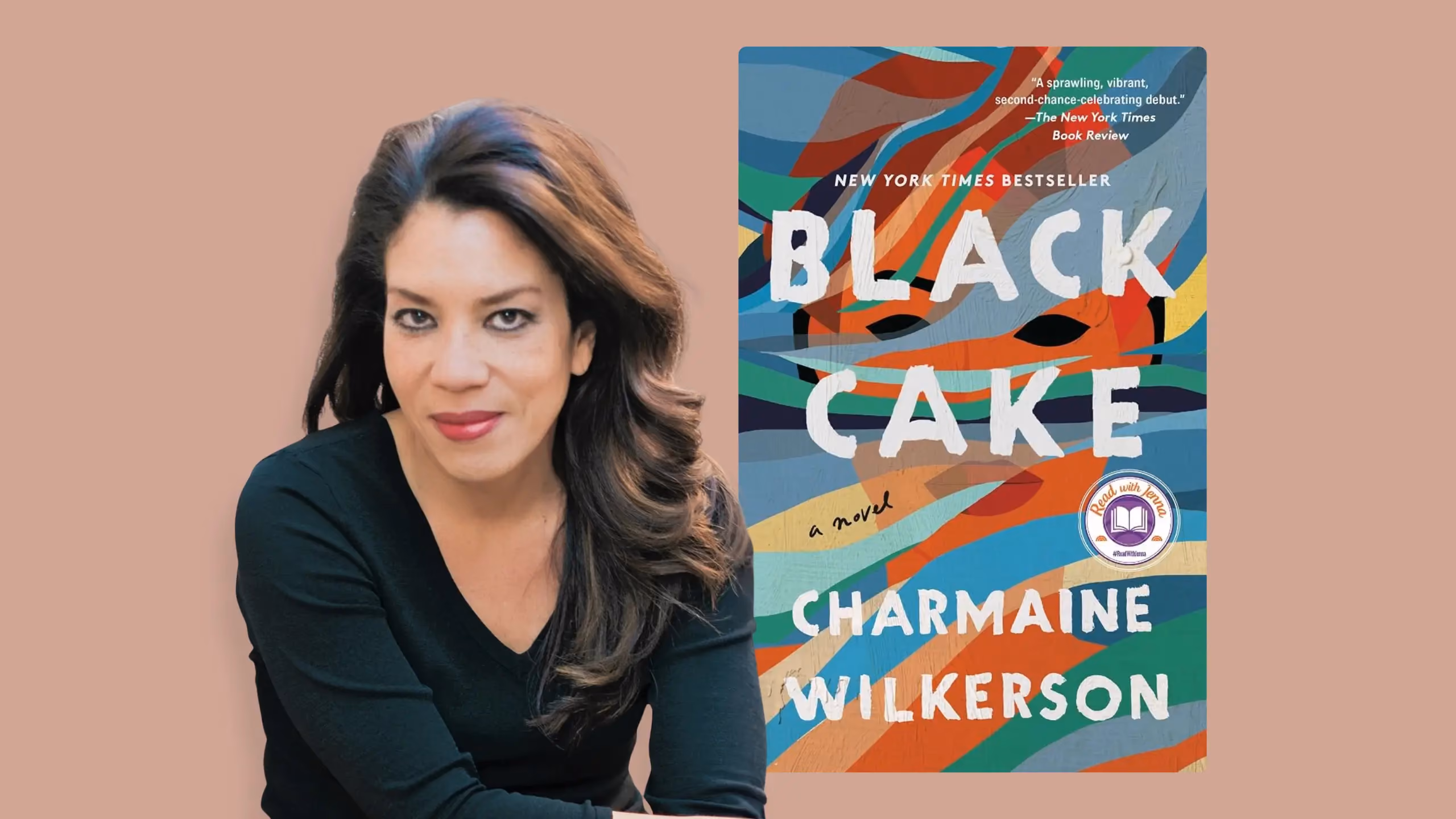 A television set with "Black Cake" on the screen. On top of the TV are a pile of books, including Black Cake by Charmaine Wilkerson.