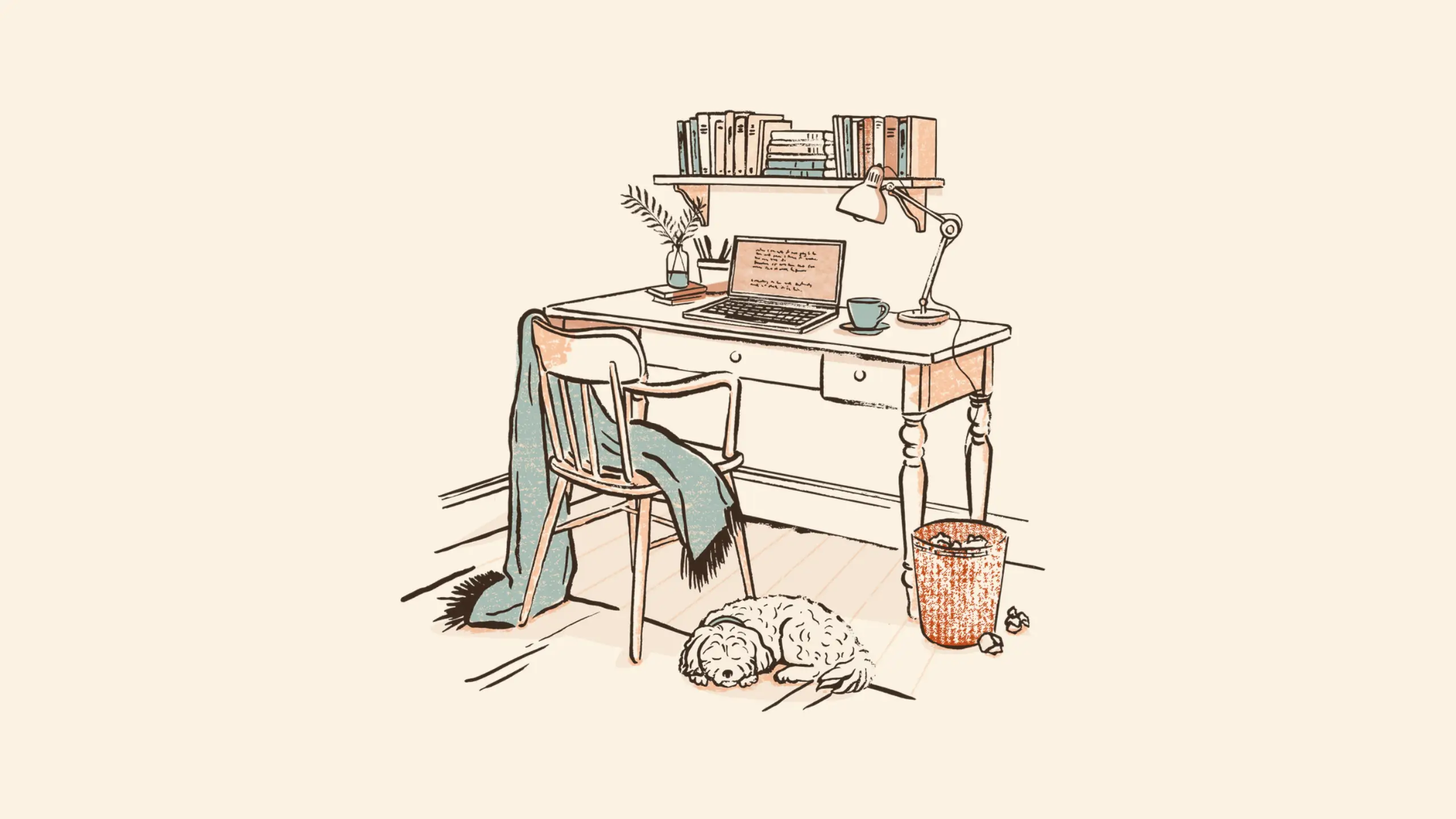 Illustration of a writer's desk with stacks of books above it and a small dog asleep on the floor beside the chair.