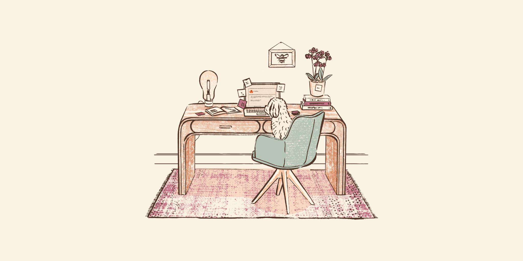 Illustration of a dog sitting in a chair at a desk, upon which sits a laptop, books, and notepad.