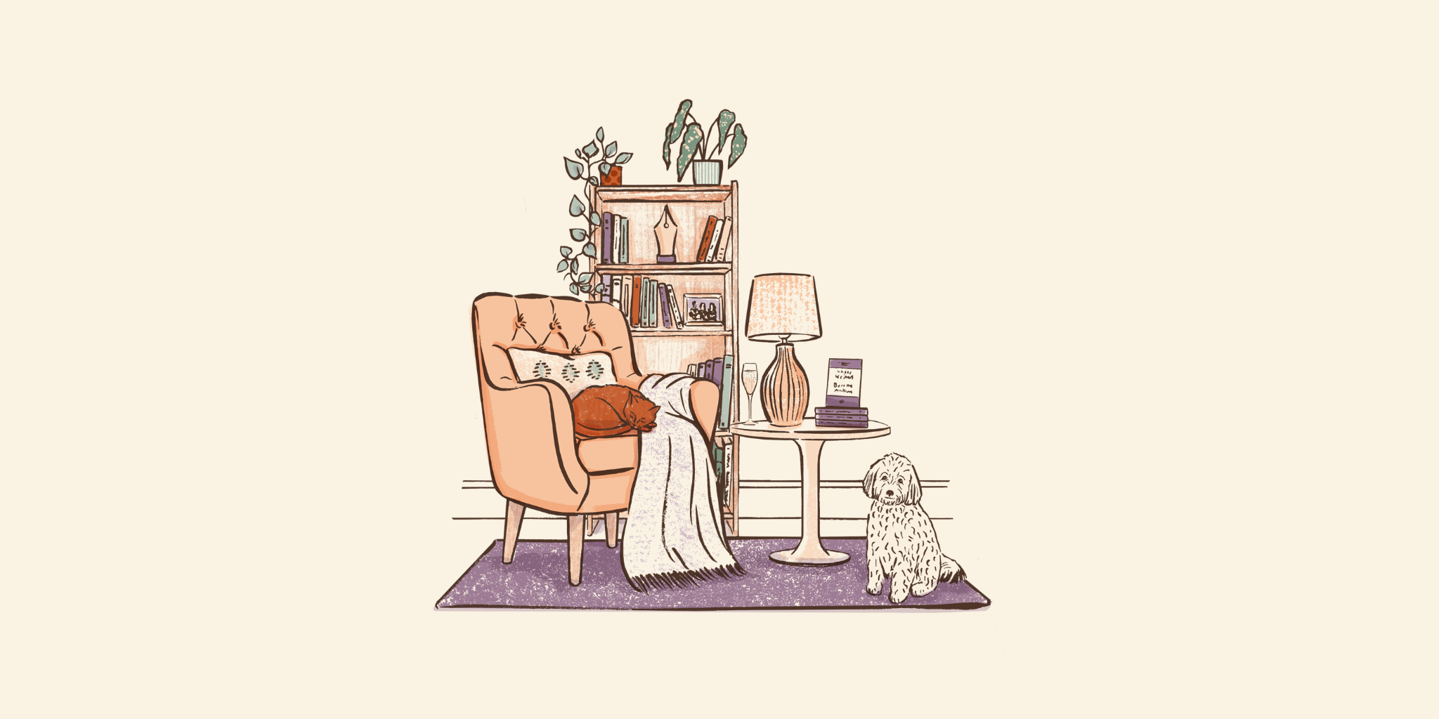 Illustration of a cozy armchair scene, with a bookshelf, books, plants, a lamp, and a dog sitting on the rug.