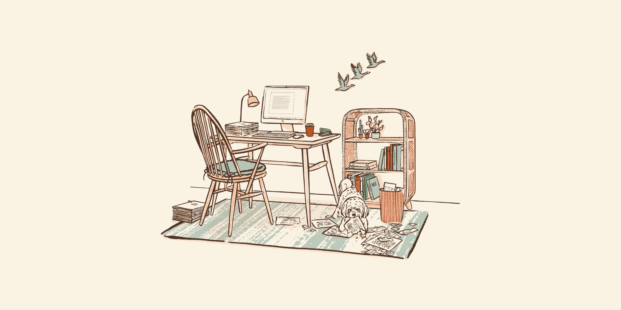 Illustration of a writer's desk, complete with manuscript stacks and a dog shredding some paper on the floor.
