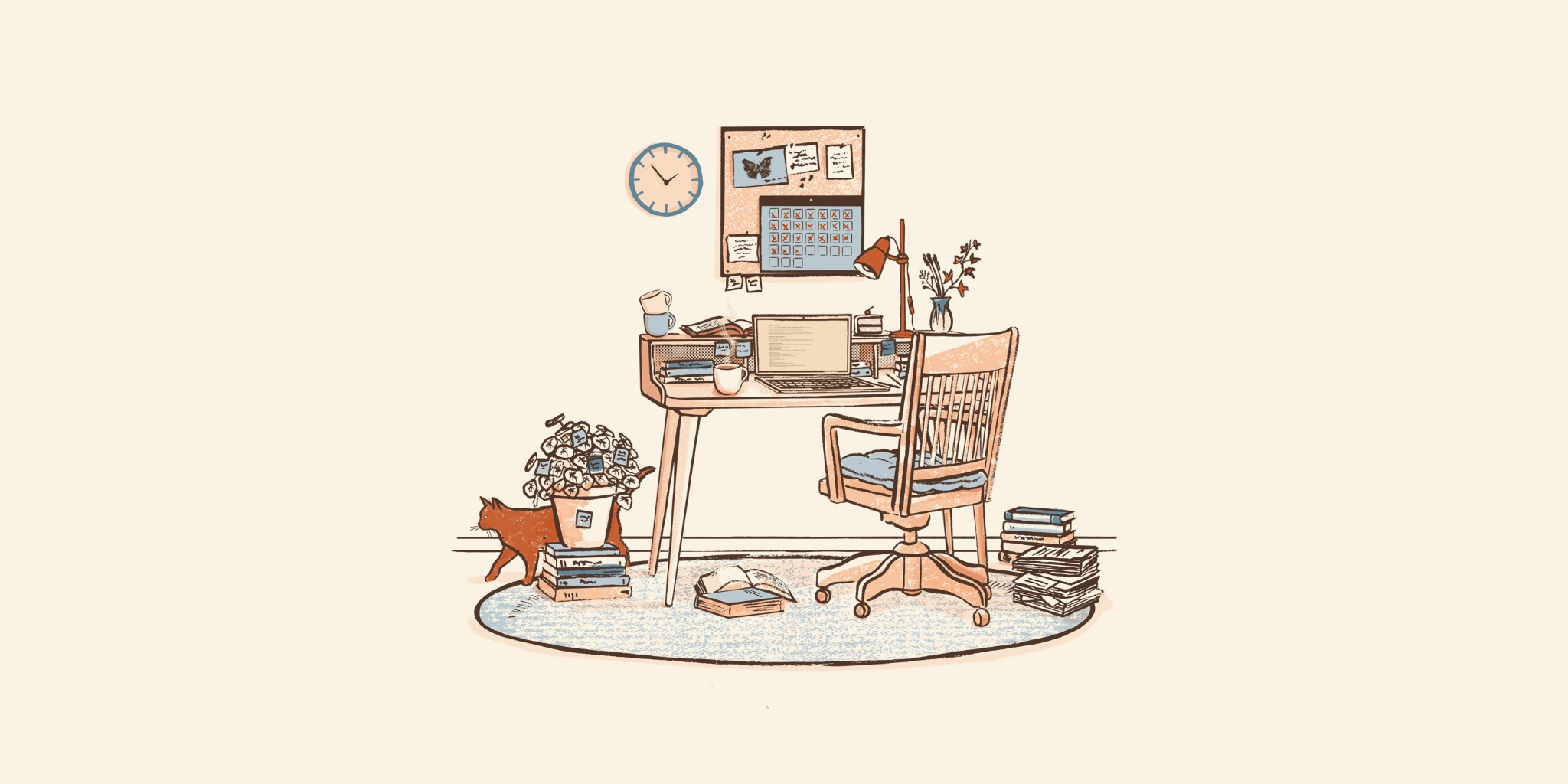 Illustration of a writer's desk, surrounded by piles books and a marked calendar, as well as a cat and some plants.