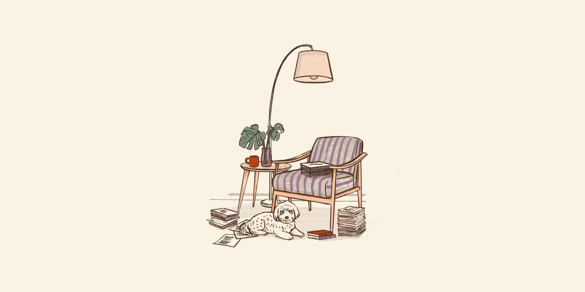 Illustration of a small white dog lying beside an armchair, with books, stacks of paper, and a lamp overhead.