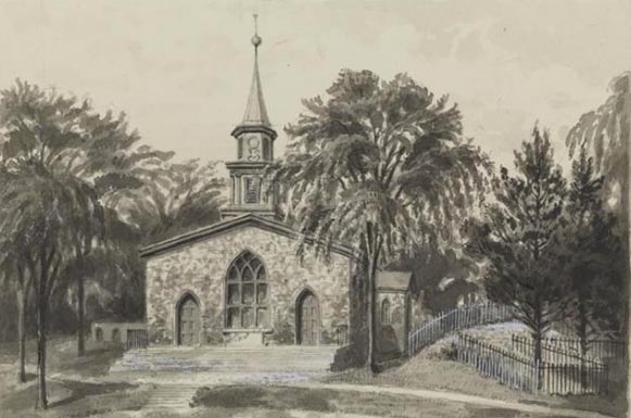 Depiction of St. Ann’ Church and Gouverneur Morris tomb by artist August Will, 1885