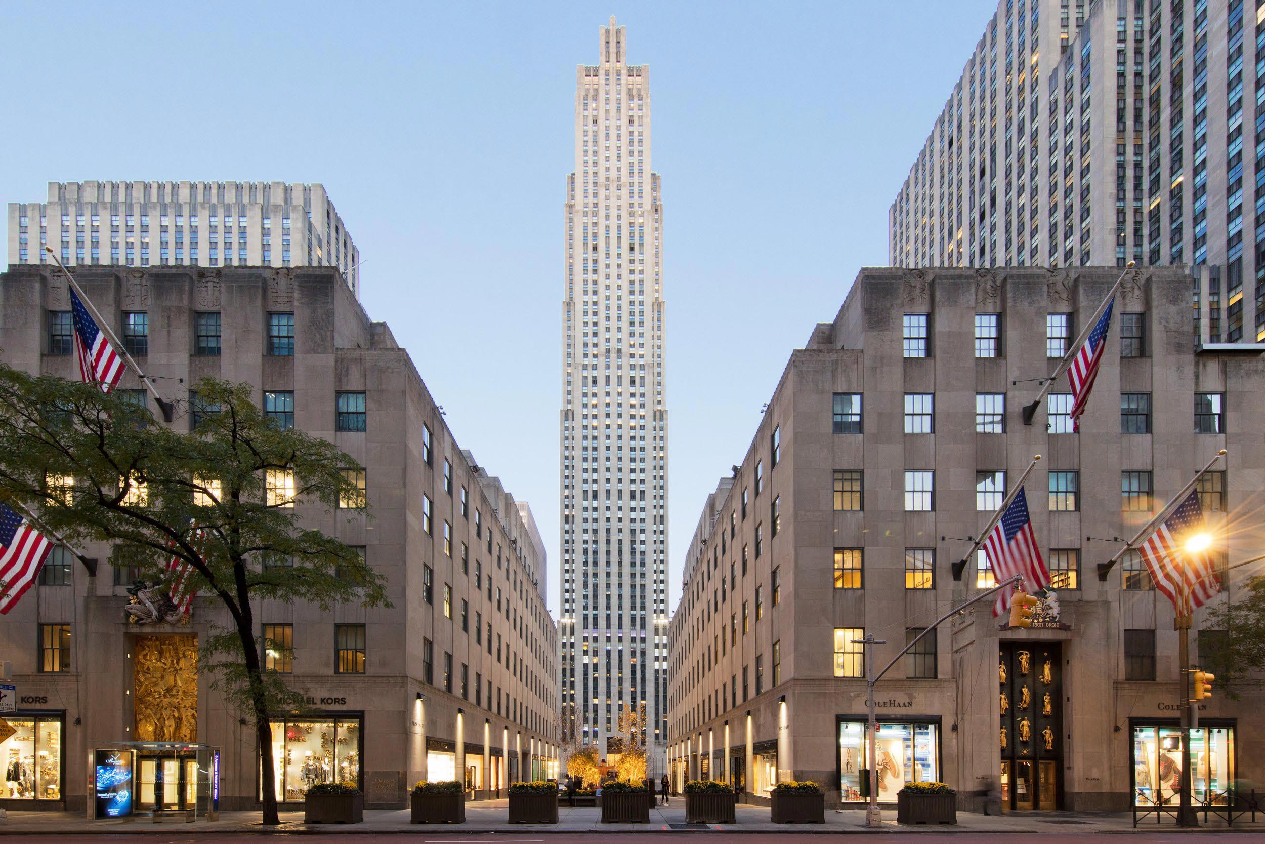 Rockefeller Center towers over the surrounding plaza.