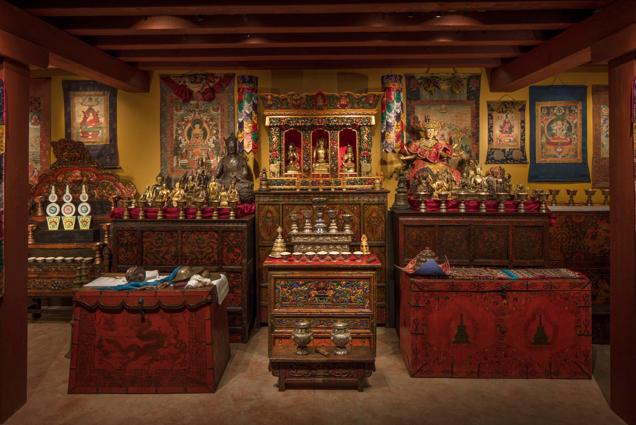 The Tibetan Buddhist Shrine Room exhibit, full of artifacts.