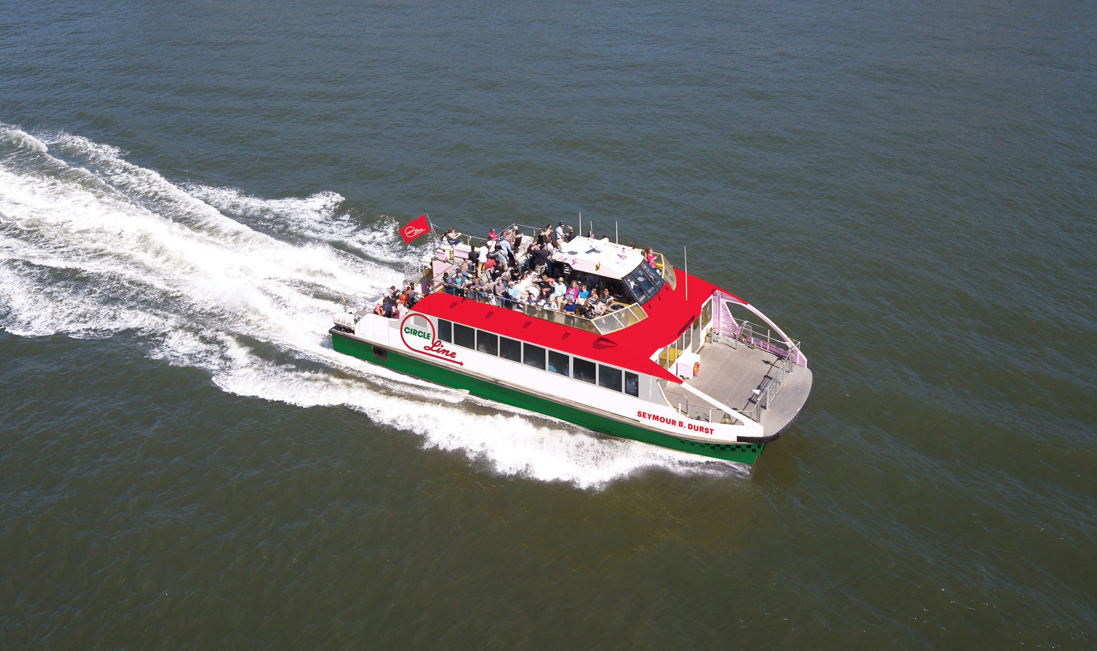 A Circle Line Ferry rushes through the water on a sunny day.