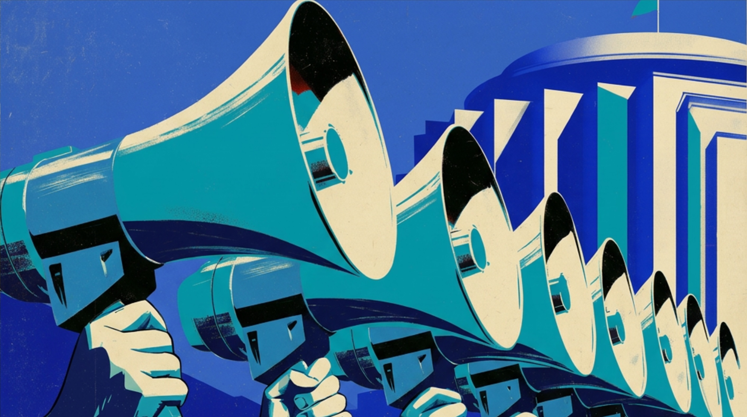 Illustration of a row of hands holding megaphones in front of a corporate office building.