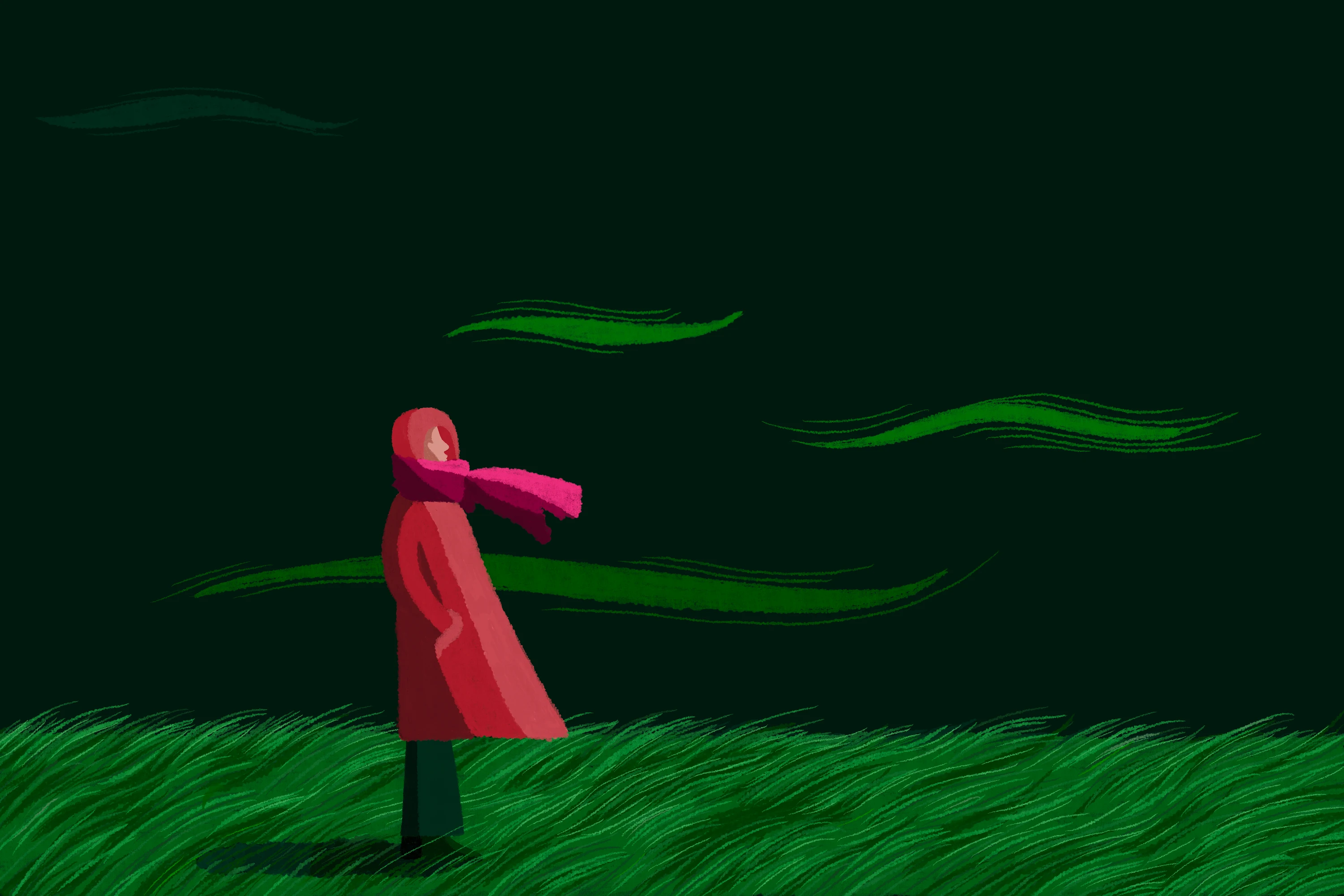 Illustration of a person in a red coat standing in a windy field.