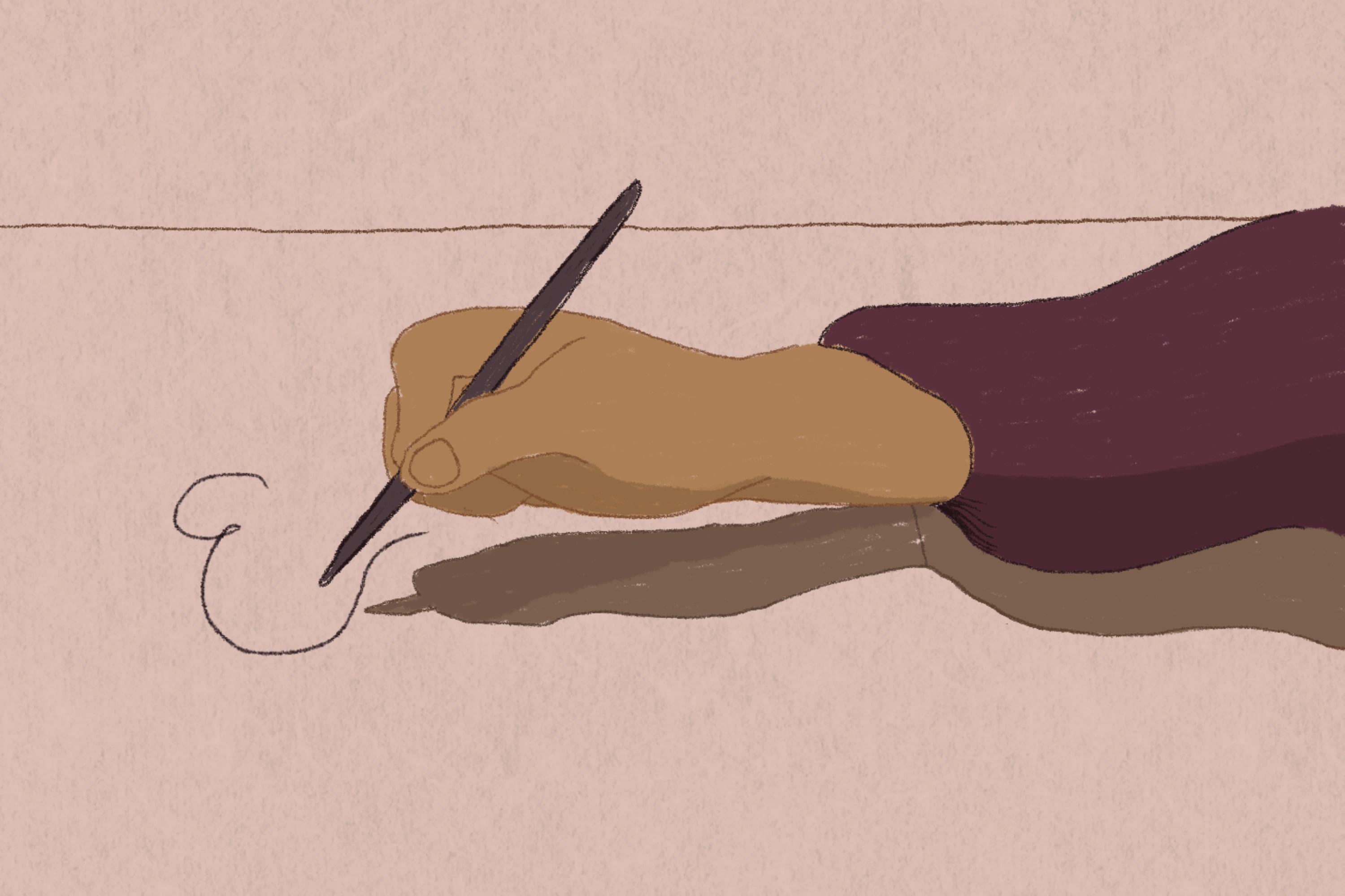 Illustration of a hand holding a pen, drawing a line across textured paper.