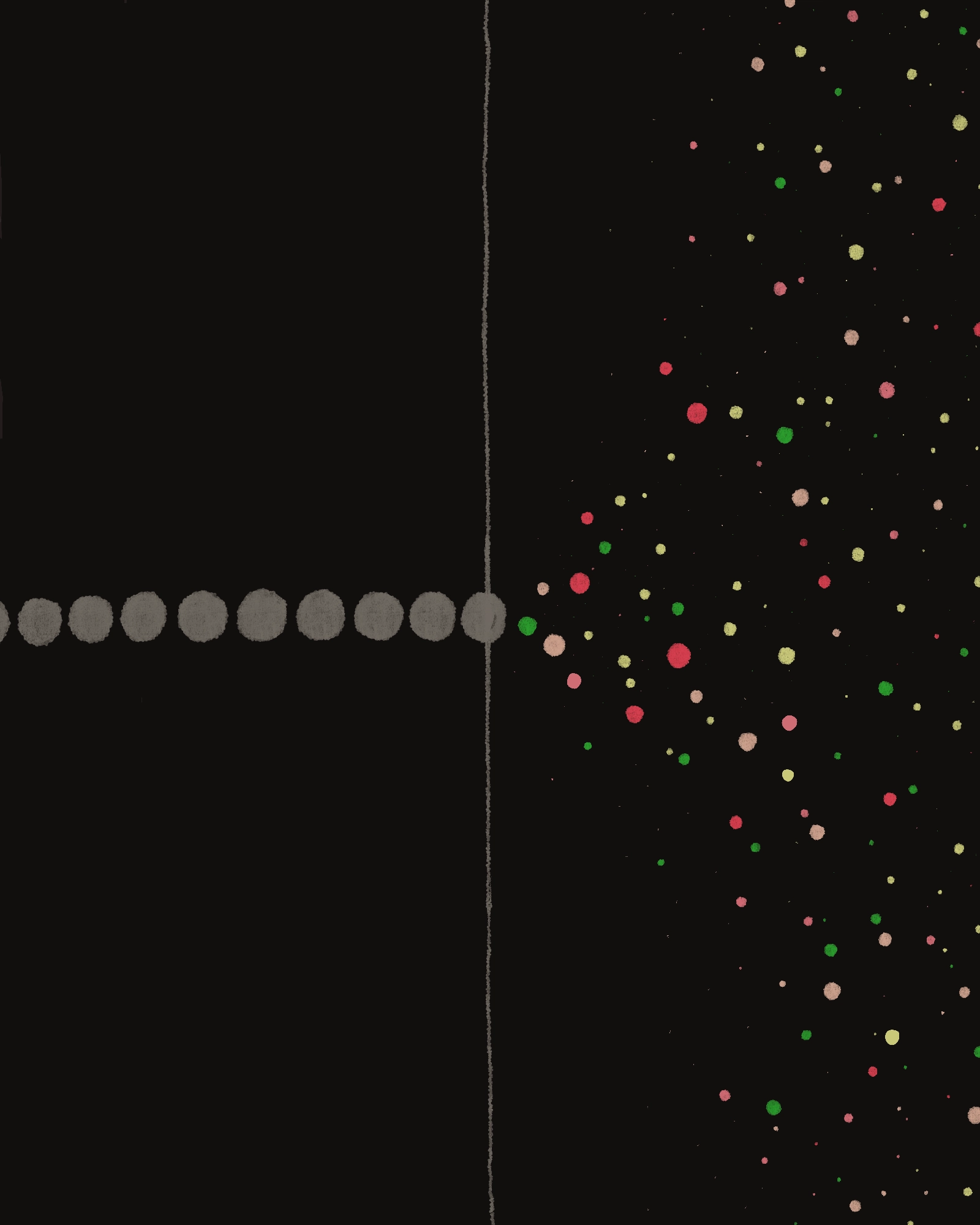 Abstract illustration showing a dotted line crossing a boundary, transforming from muted grey circles into scattered, colourful dots on a dark background.