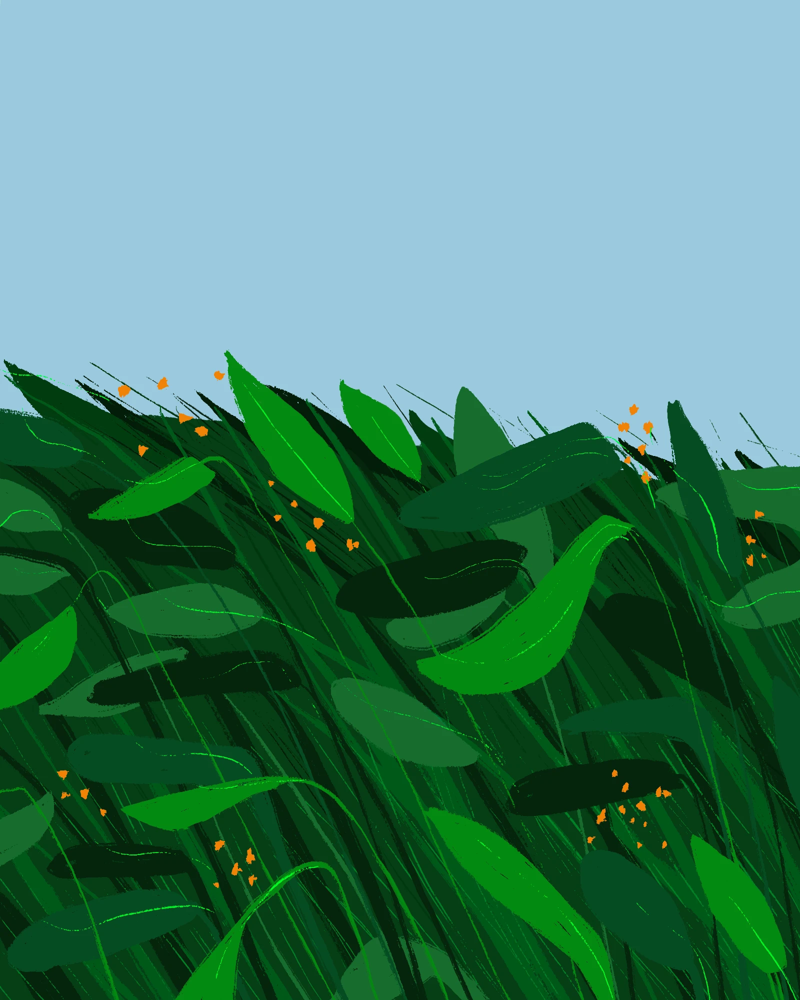 Illustrated summer grasses and leaves moving in the wind, with small wildflowers scattered through green foliage under a pale blue sky.