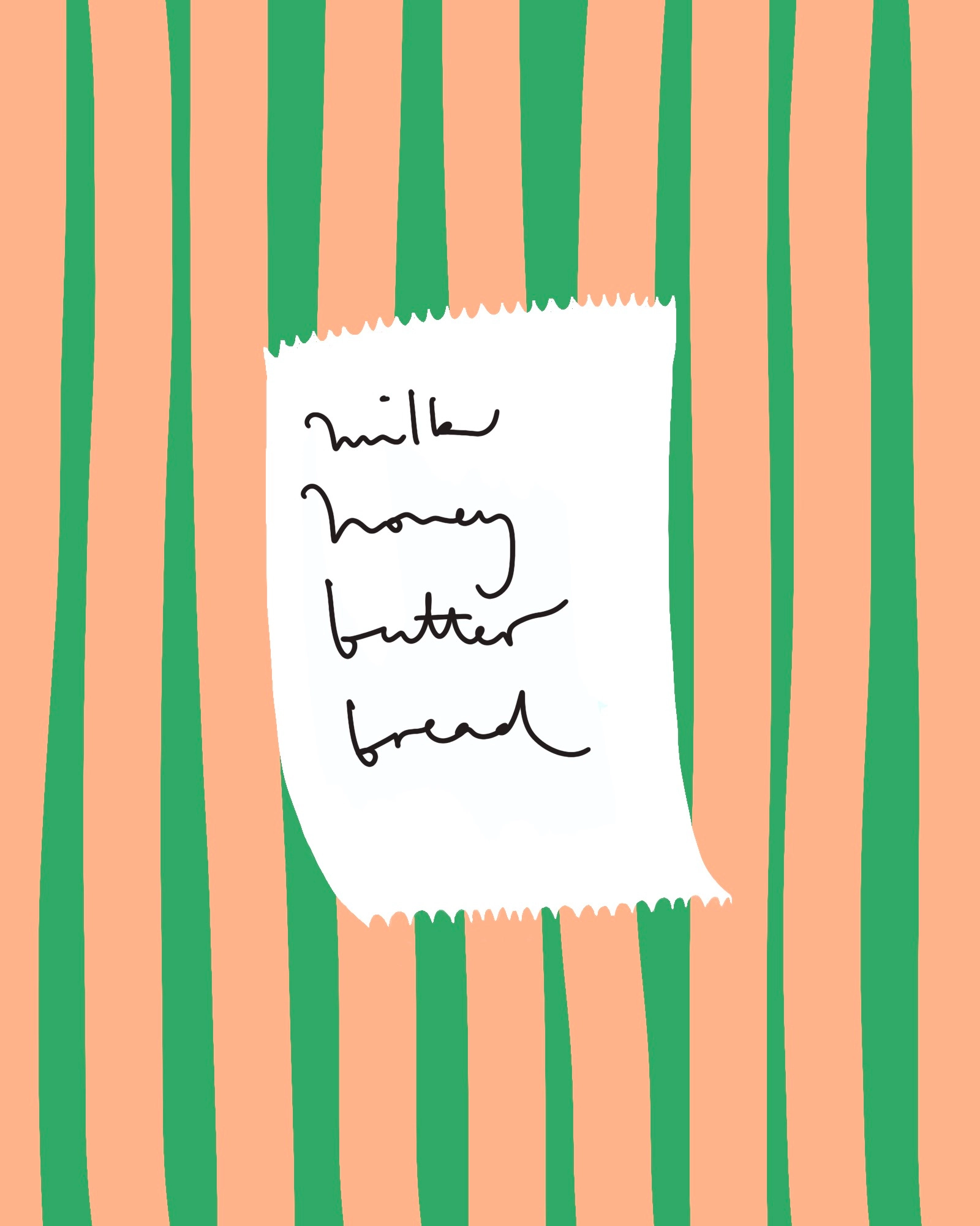 Handwritten grocery list reading “milk, honey, butter, bread” on torn paper against green and peach stripes.