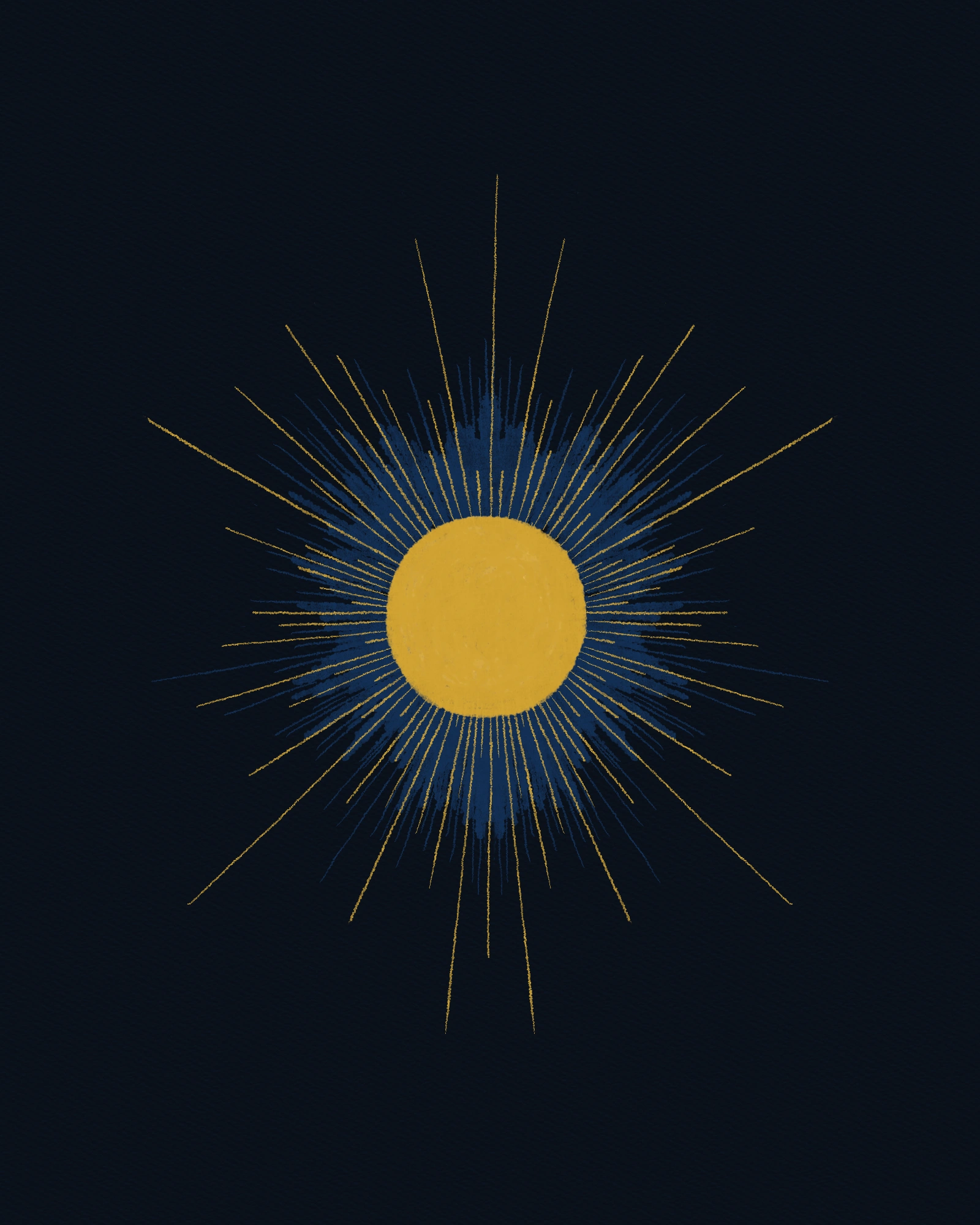 Gold sun with radiating lines on a dark background. Illustration for Coherence Ranks by Elina Haverinen.