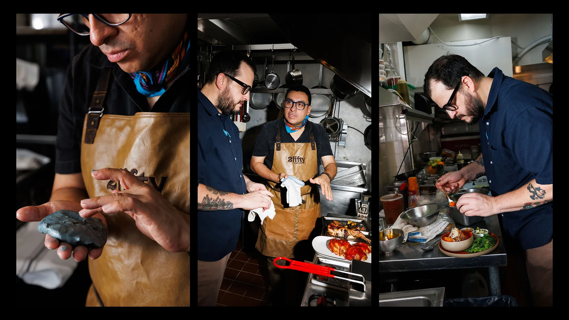 Chef Christian Irabién and Pitmaster Fernando González preparing blue corn masa and plating dishes during the 2fifty BBQ x Amparo Fondita residency. Photo by Sophie Mac.