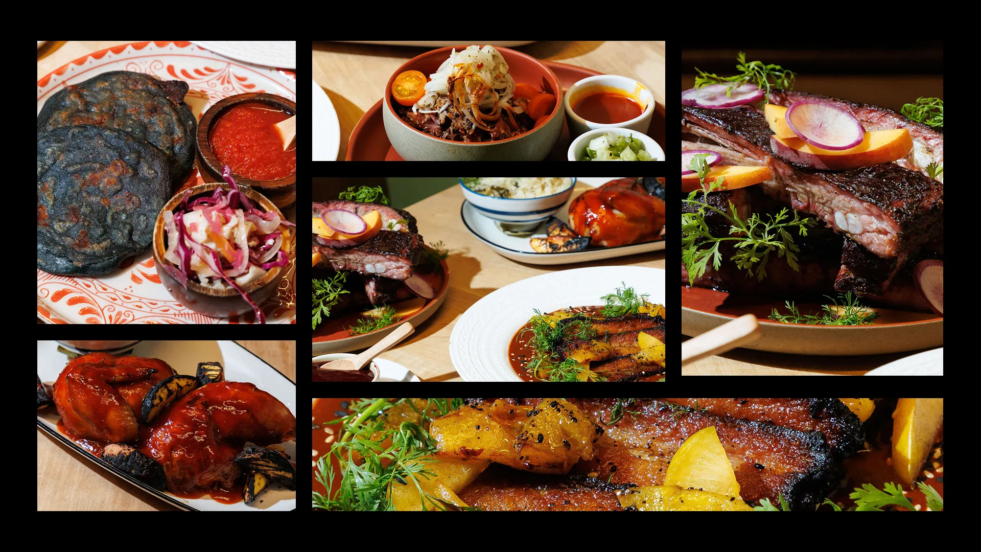 Close-up collage of dishes from the 2fifty BBQ x Amparo Fondita residency, featuring brisket, pupusas, chamoy ribs, and pork belly in mole. Photo by Sophie Mac.
