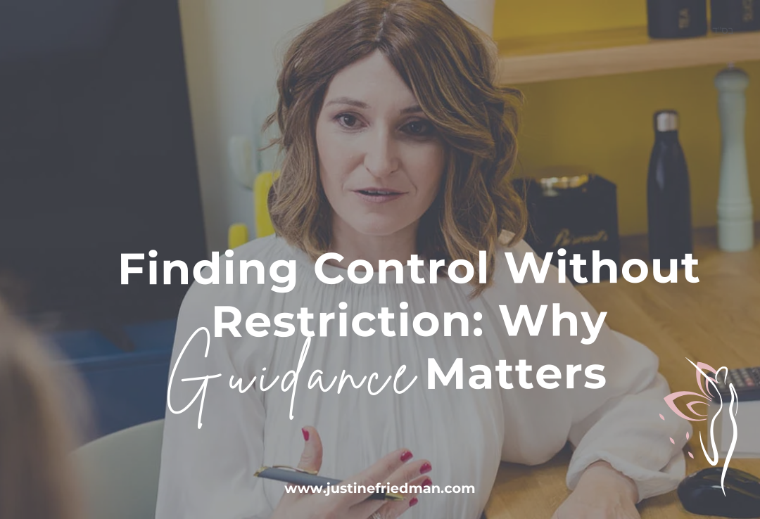Clinical dietitian Justine Friedman explaining how professional guidance helps women feel in control of food and weight without restriction, especially in midlife.
