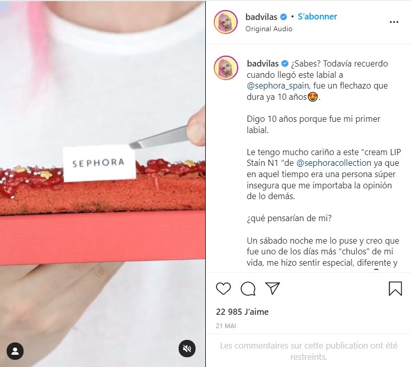 capture d'écran d'une publication instagram d'une campagne Sephora