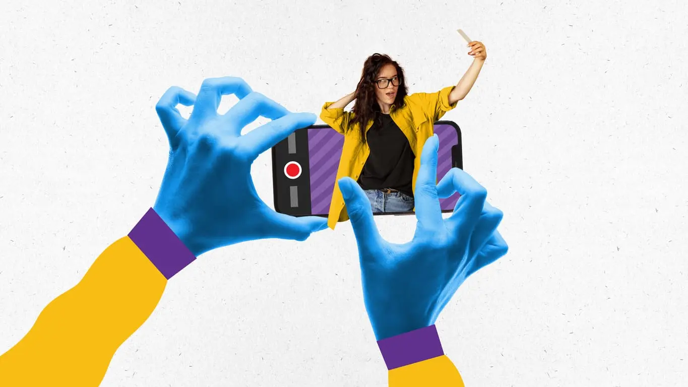 Contemporary art collage. Hands framing a woman in a yellow jacket on the screen of a smartphone with video recording symbol.