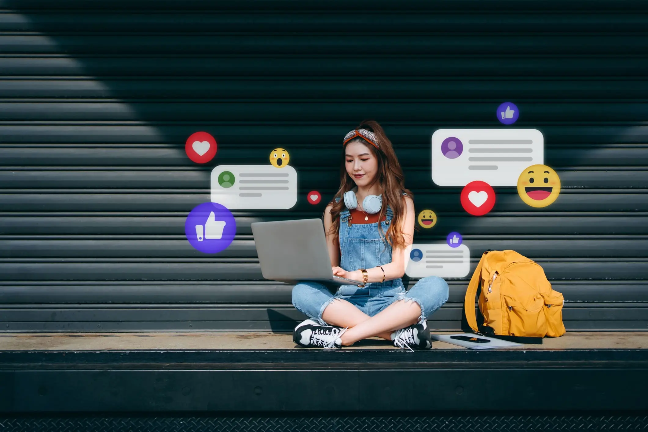 Stylish young Asian woman with headphones sitting against a roller shutter outside, checking social media on a laptop, getting notifications, likes, views, and comments. 