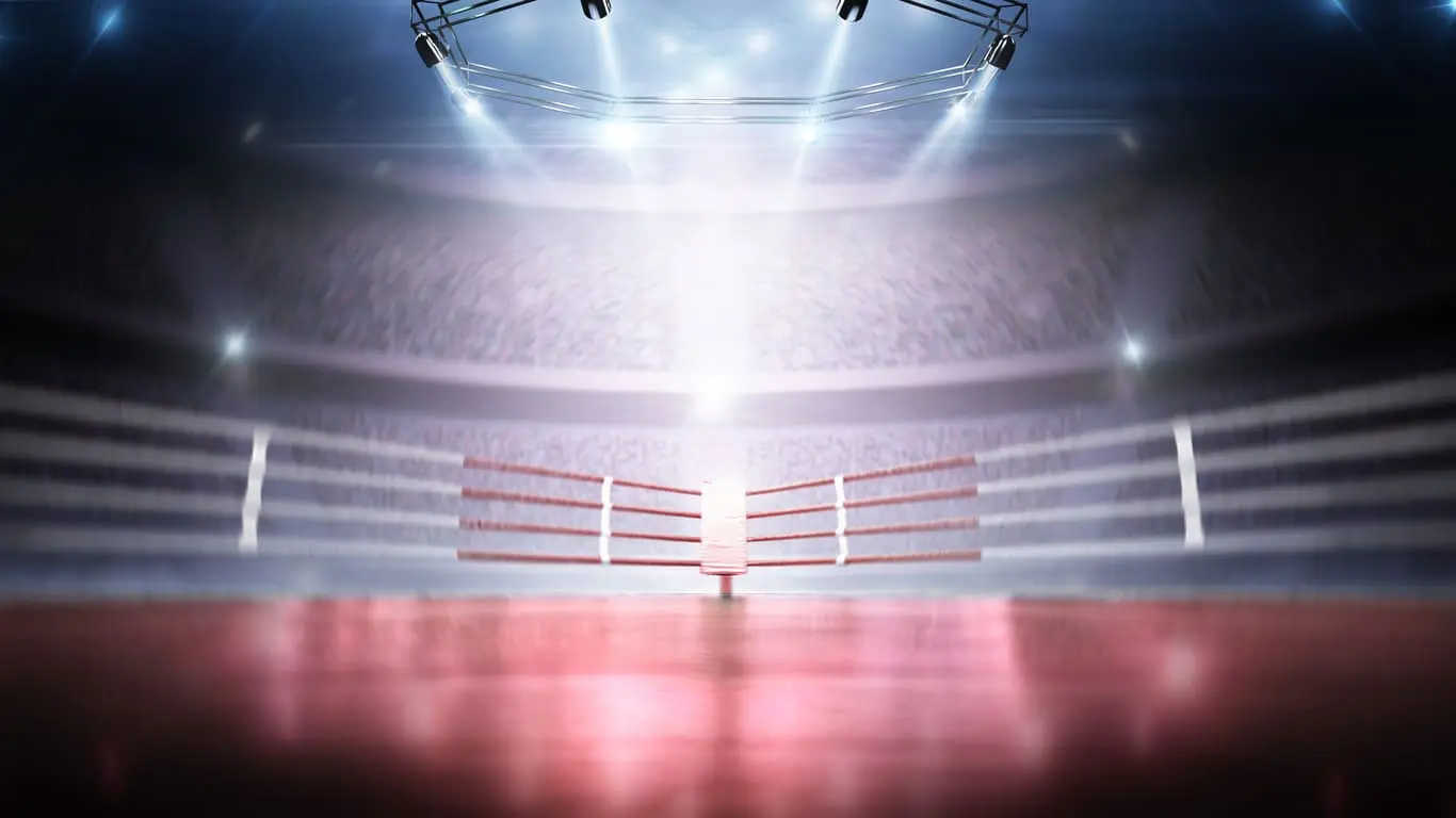 Arena de boxeadores roja en 3D con espectadores
