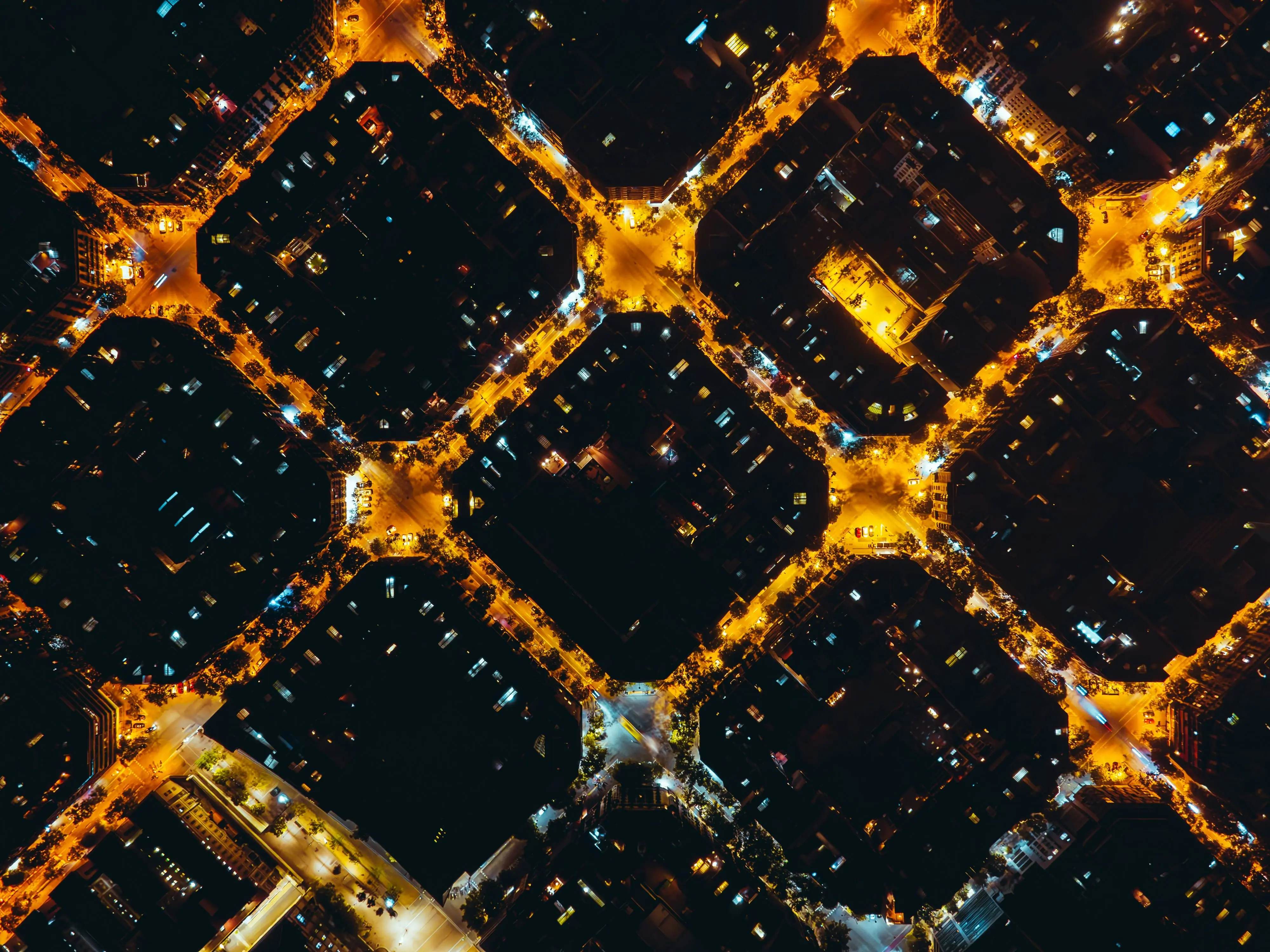aerial city grid night lights 